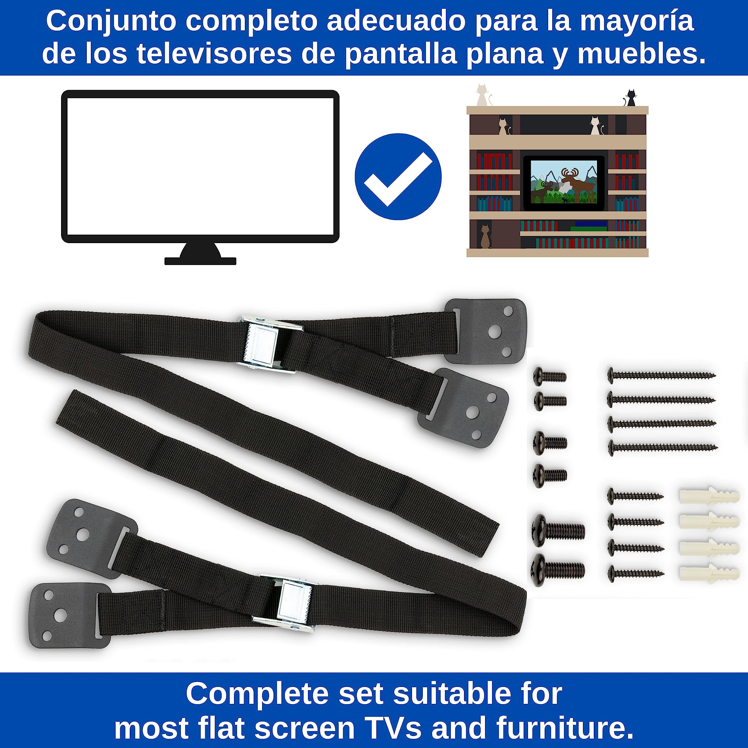 Dispositivo Anti-Punta, 1 Set, en Negro, para TV, Muebles y Armarios, Correas de Seguridad 68 cm, Fácil de Instalar, Seguridad Infantil para Niños Pequeños y Mascotas, Clavijas y Tornillos incluidos