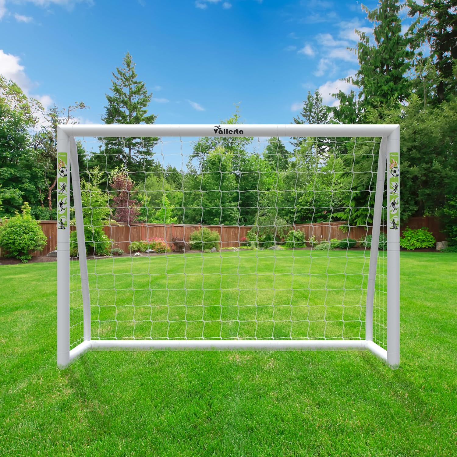 Vallerta® Soccer Goal 12x6Ft/10x6Ft/7x5Ft/6x4Ft. Portable Weatherproof PVC Frame with Net, Carry Bag and Ground Stakes, Youth Regulation Sizes for Kids and Adults, Outdoor/Indoor.