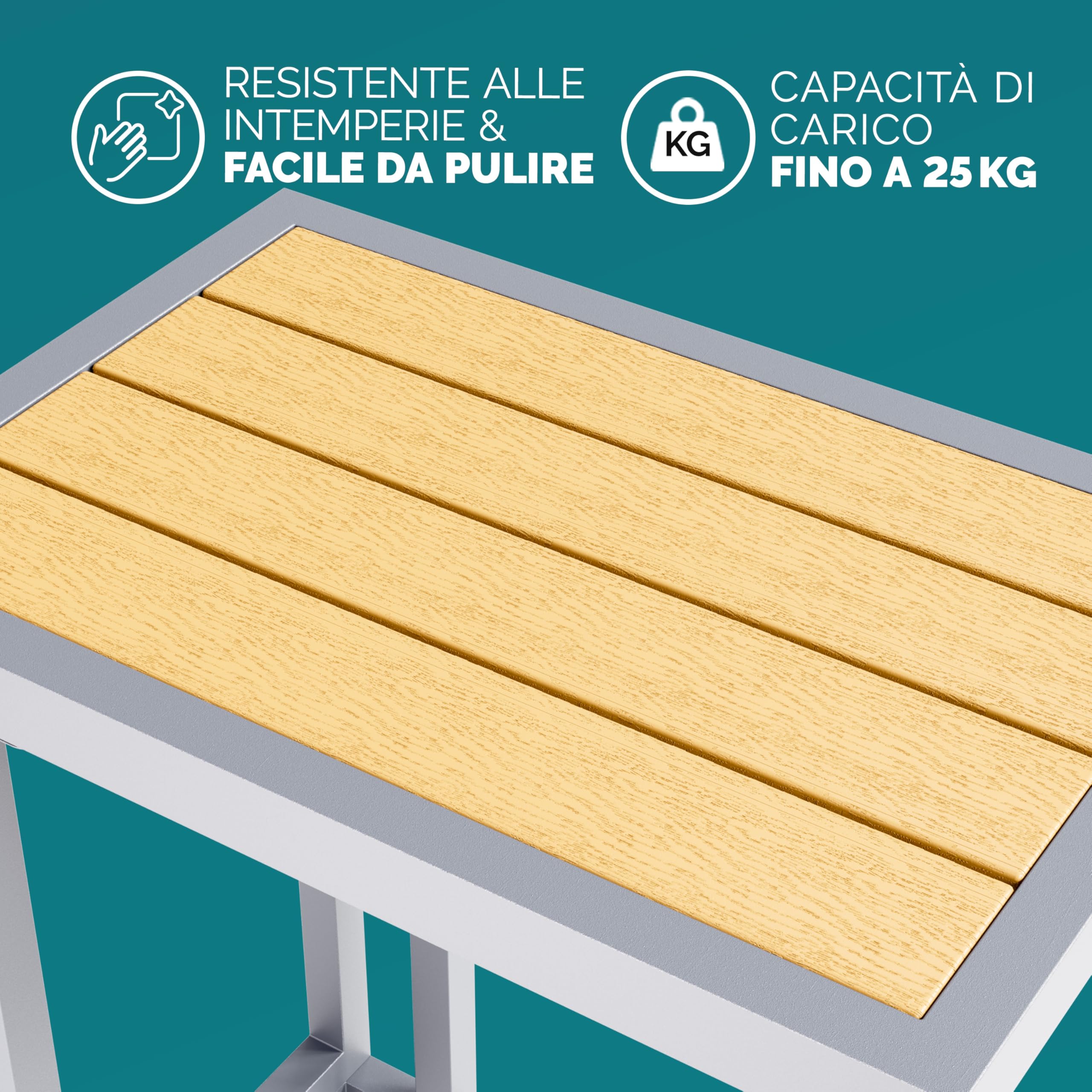 Casaria® Tavolo a C 50x40x66cm Piano in metallo WPC Portata 25 kg con Ruote Tavolino da Salotto Tavolino per Esterno