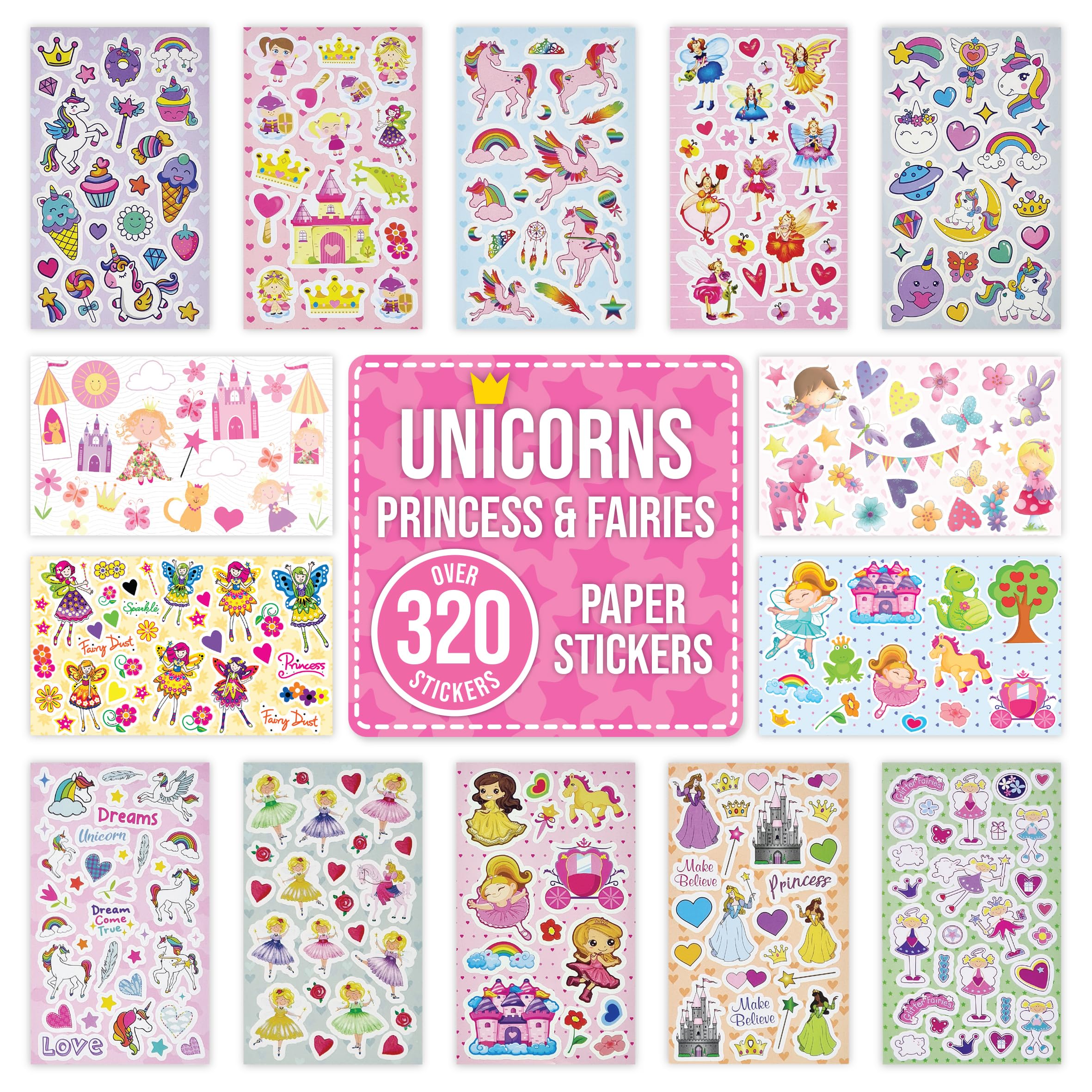 Unicorn Stickers for Scrapbooking, Crafting, Decorating - Over 320 Self Adhesive Paper Stickers 14 Designs - Party Bag Fillers for Kids, Girls - Princess, Fairy, Rainbow Sticker Pack