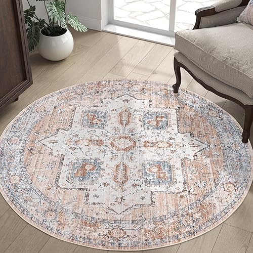 Miniatura 7 de jinchan Alfombra redonda de 4 pies, lavable a máquina, diseño floral vintage de 4 pies, antideslizante, con parte trasera de goma, alfombra