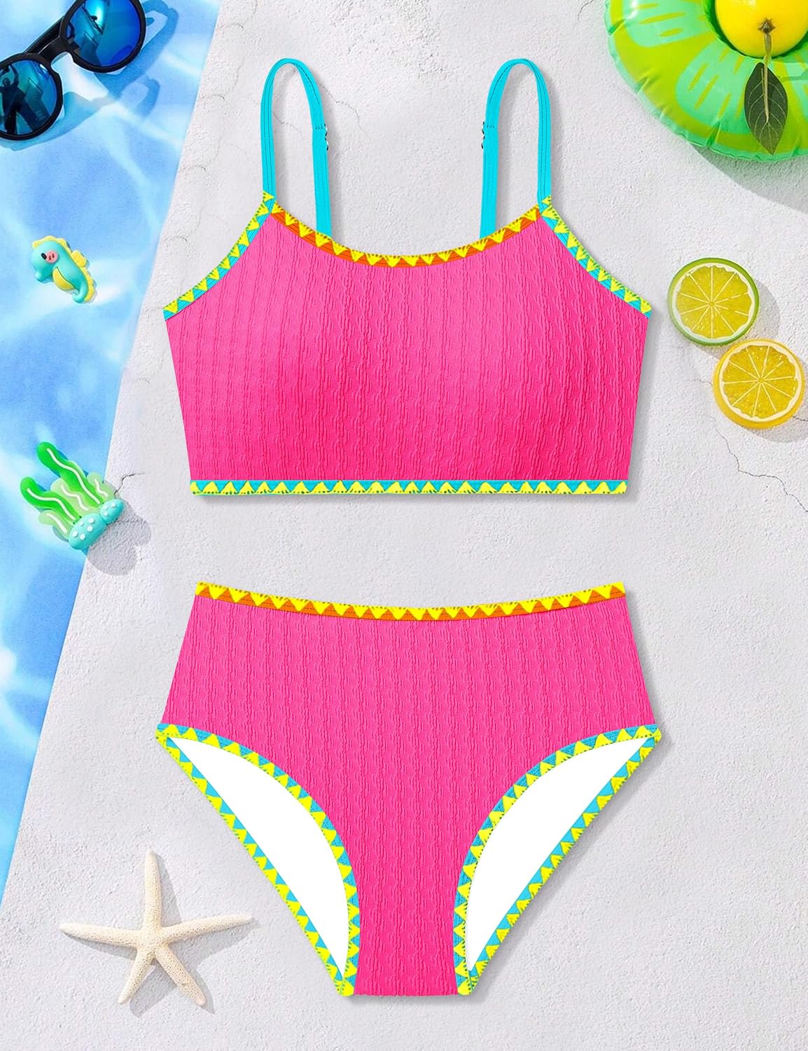 Girls Swimsuit Colorful Contrast Trim Bikini Set Two Piece Bathing Suit Solid Color Girls' Swimwear 9-16T - Image 7