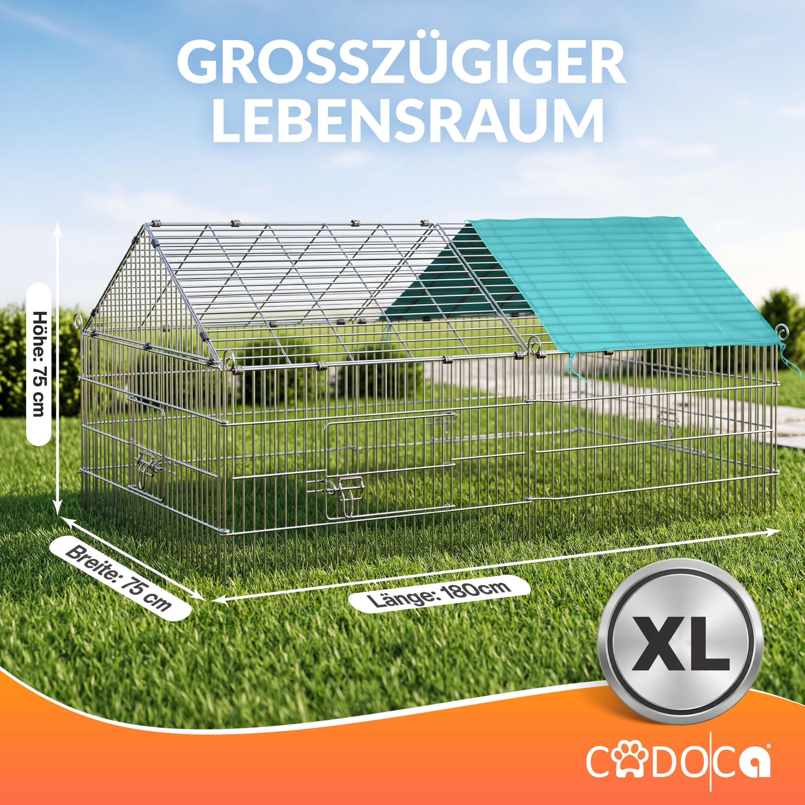 CADOCA® Freilaufgehege 180x75x75cm Sonnenschutz Auslauf Garten Kaninchenstall Hasenstall Kleintierauslauf Dachstoff Grün