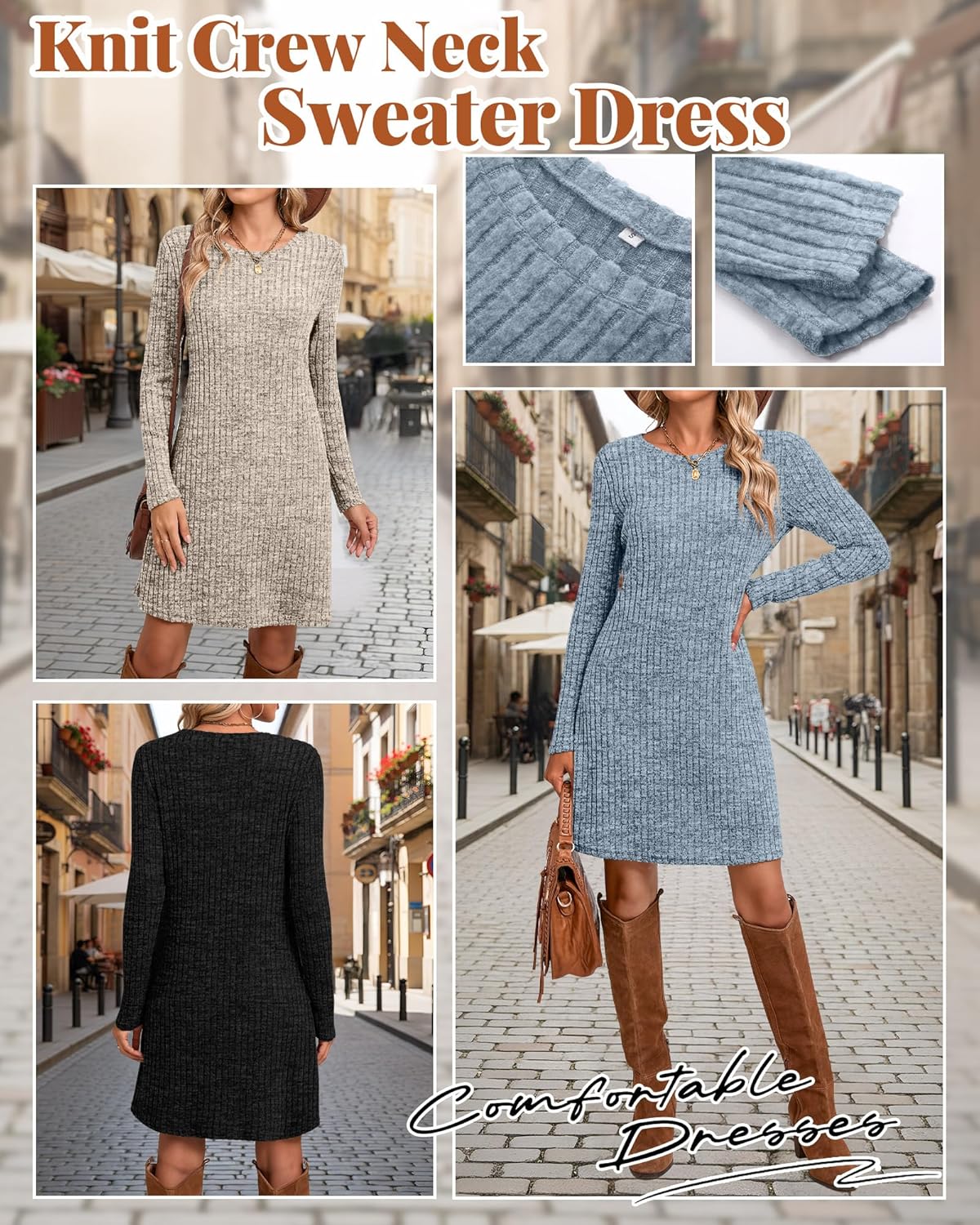 Riyiper 3 Pack Women's Long Sleeve Sweater Tunic Dresses - Loose Fitting Knit Crew Neck for Casual Fall Winter - Image 6
