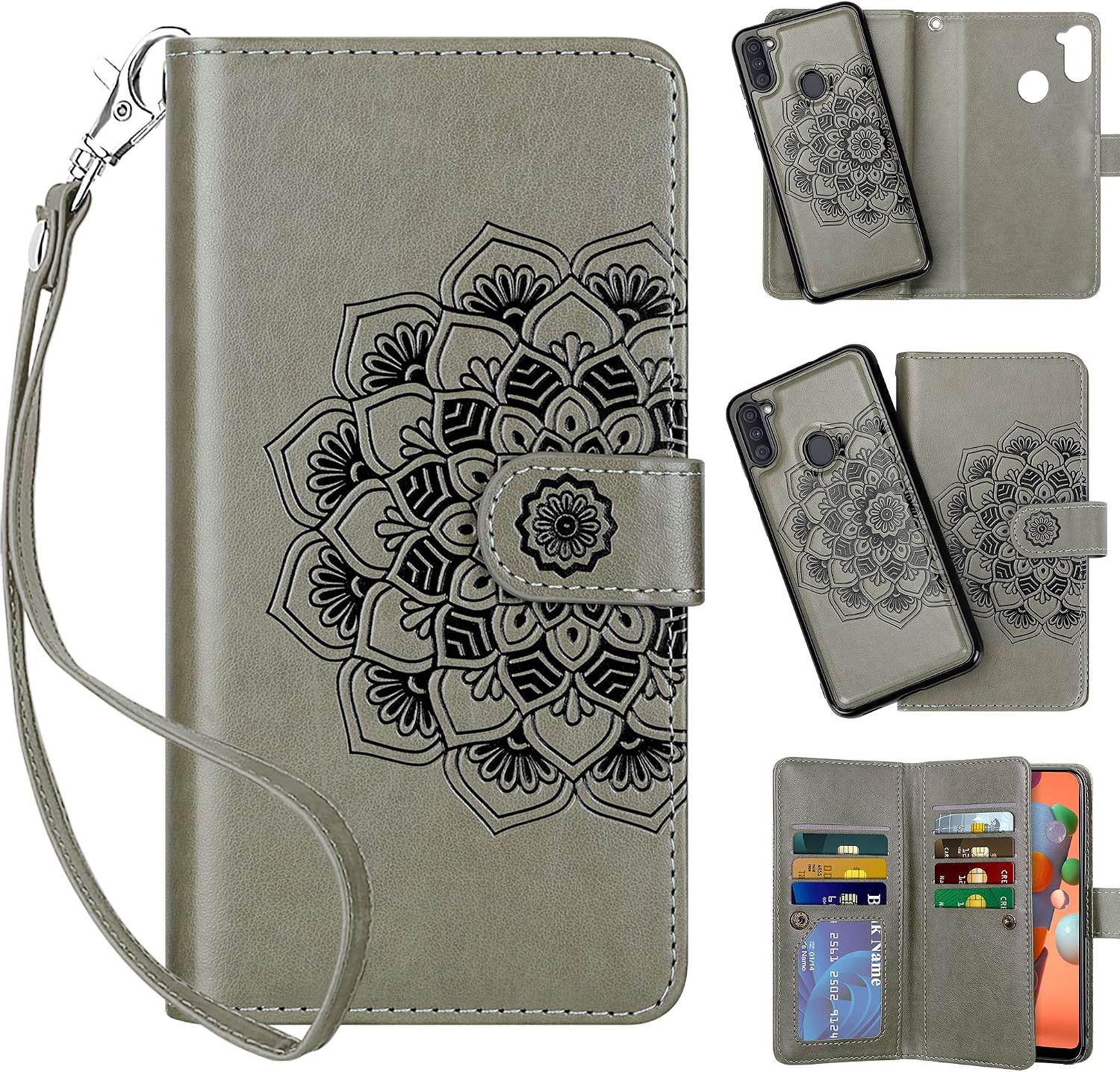 Vofolen for Galaxy A11 Case Wallet Credit Card Holder ID Slot 2-in-1 Detachable Strap Hybrid Protective Slim Hard Shell Magnetic PU Leather Folio Pocket Flip Cover Case for Galaxy A11 Mandala Gray