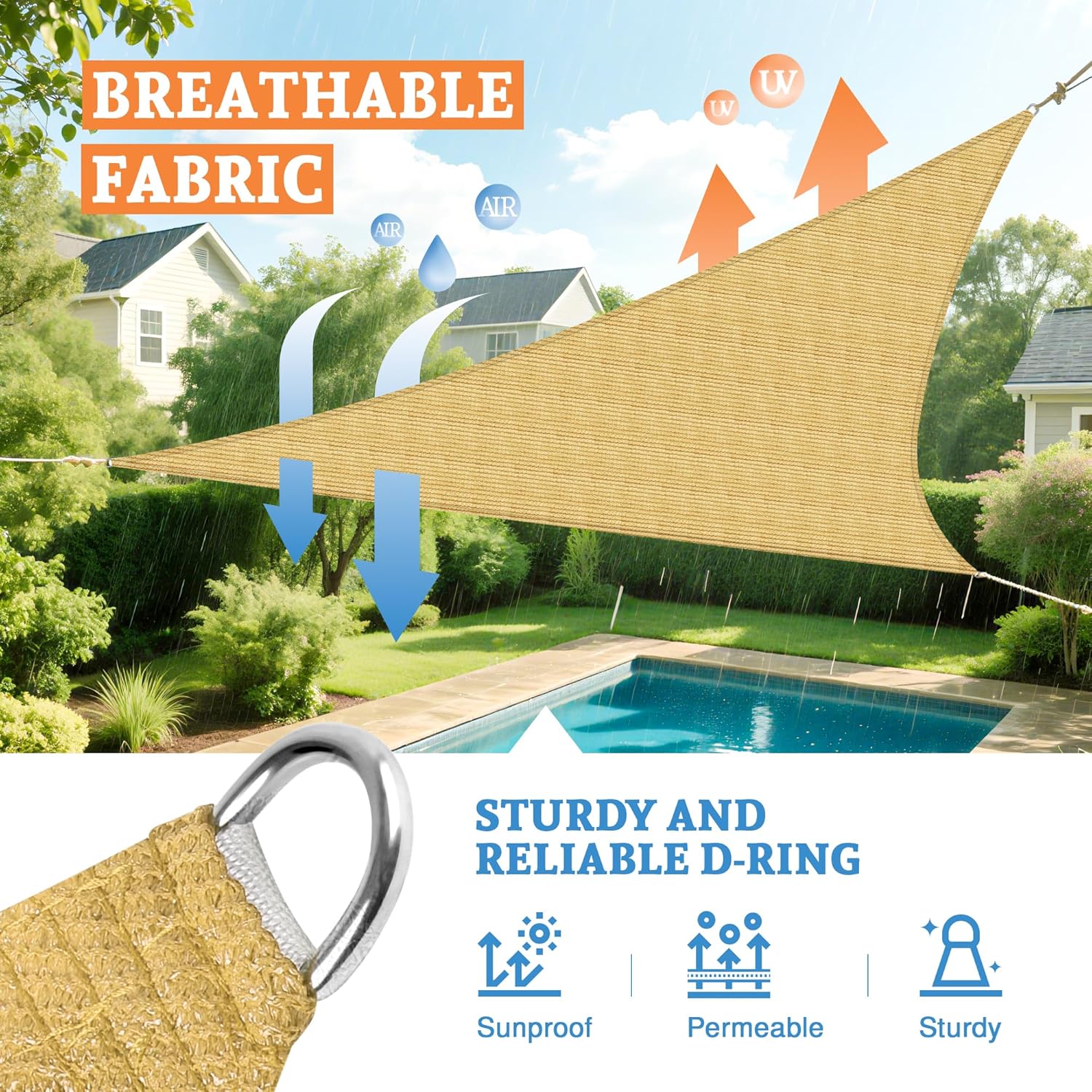 Equilateral Triangle Shade Sail 8' x 8' x 8' Canopy to Block Sunlight for Outdoor Patio Garden Patio Deck Pergola (Sand)