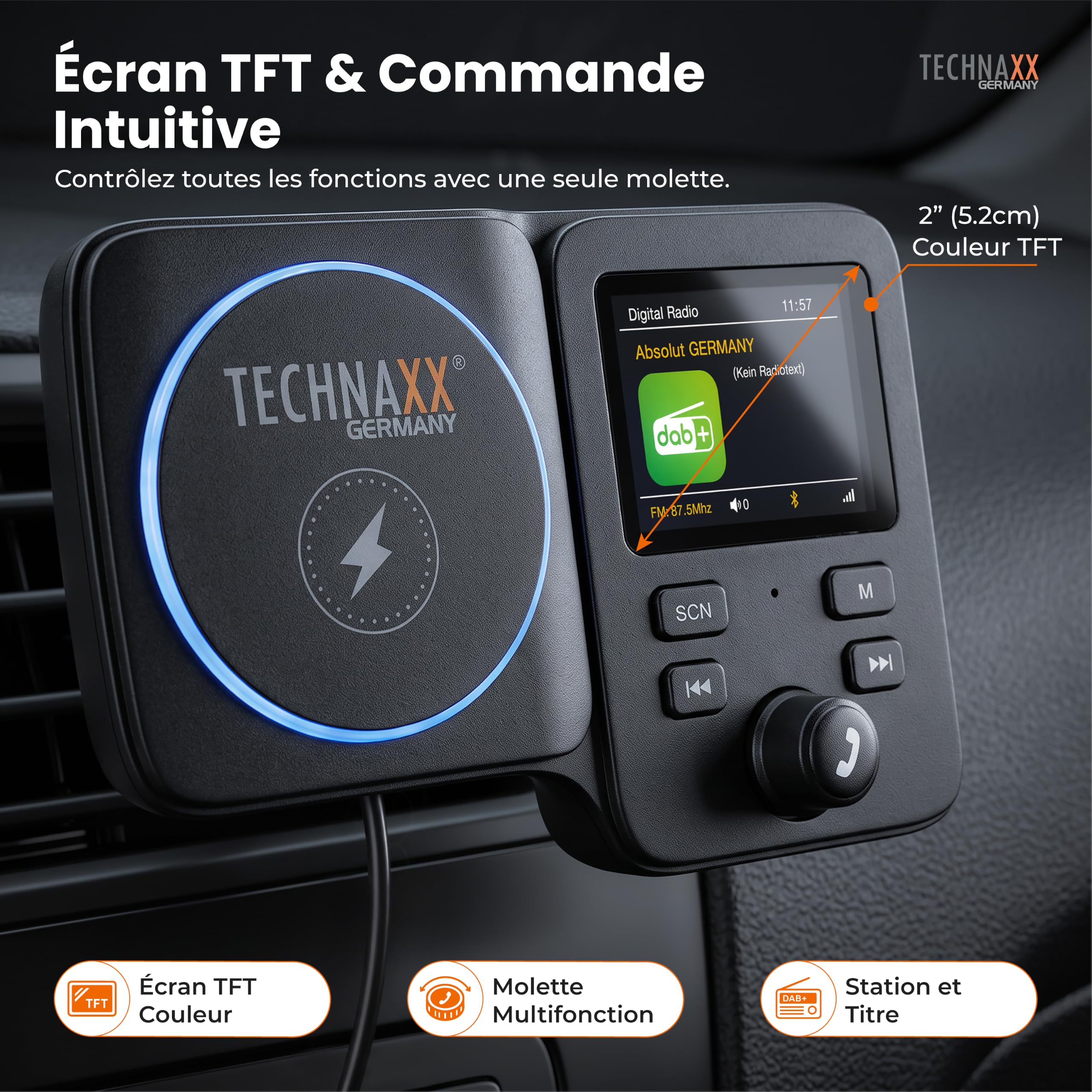 Technaxx Émetteur Dab+ FM, 15W, USB-C, Bluetooth 5.3 FMT1800
