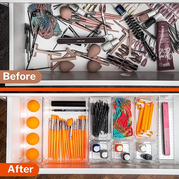 Stackzy Drawer Organiser Set – Makeup Organiser Tray for Drawers – Clear Cosmetics Container Tray for Bedroom – Utensil Cutlery Set Divider – Kitchen Storage & Organisation – 16pack - 5