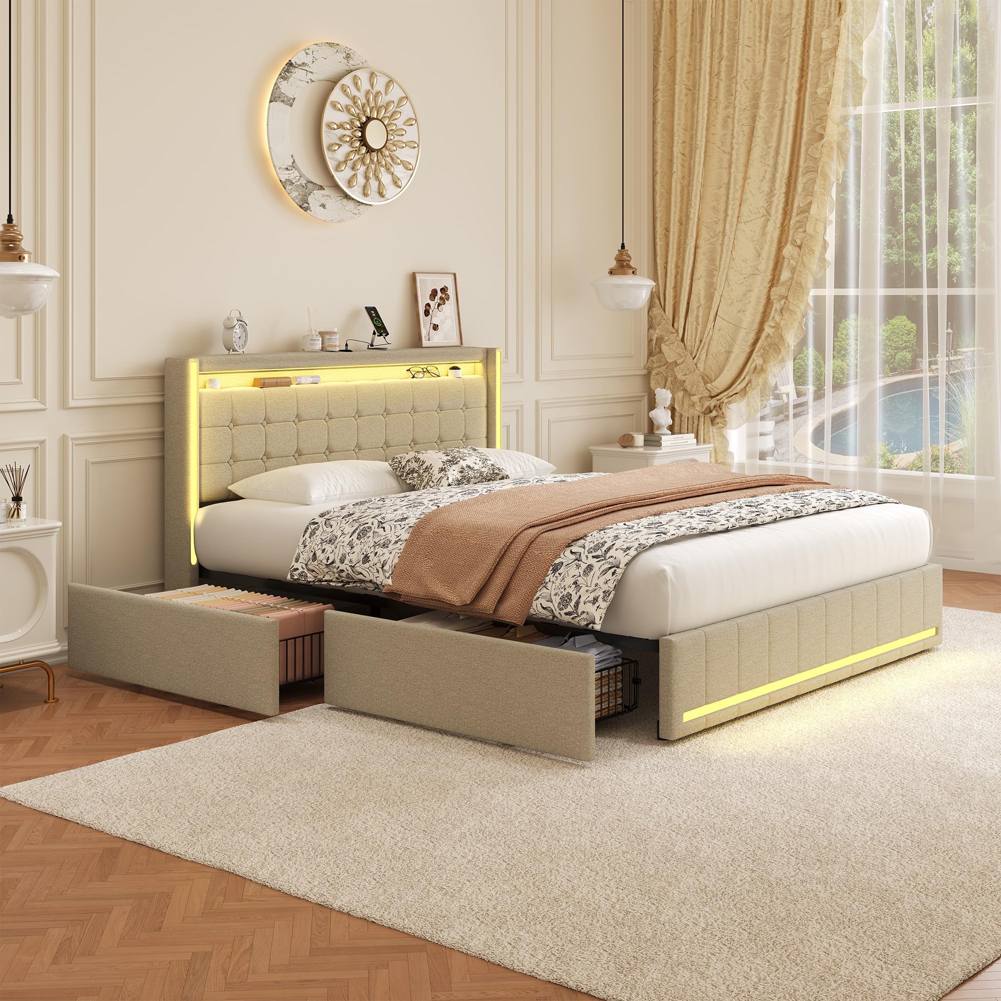 KeepGoon Letto matrimoniale 160 x 200 cm, letto imbottito con luci a LED, 4 cassetti in ferro e una porta di ricarica USB, telaio letto, tessuto di lino (beige)