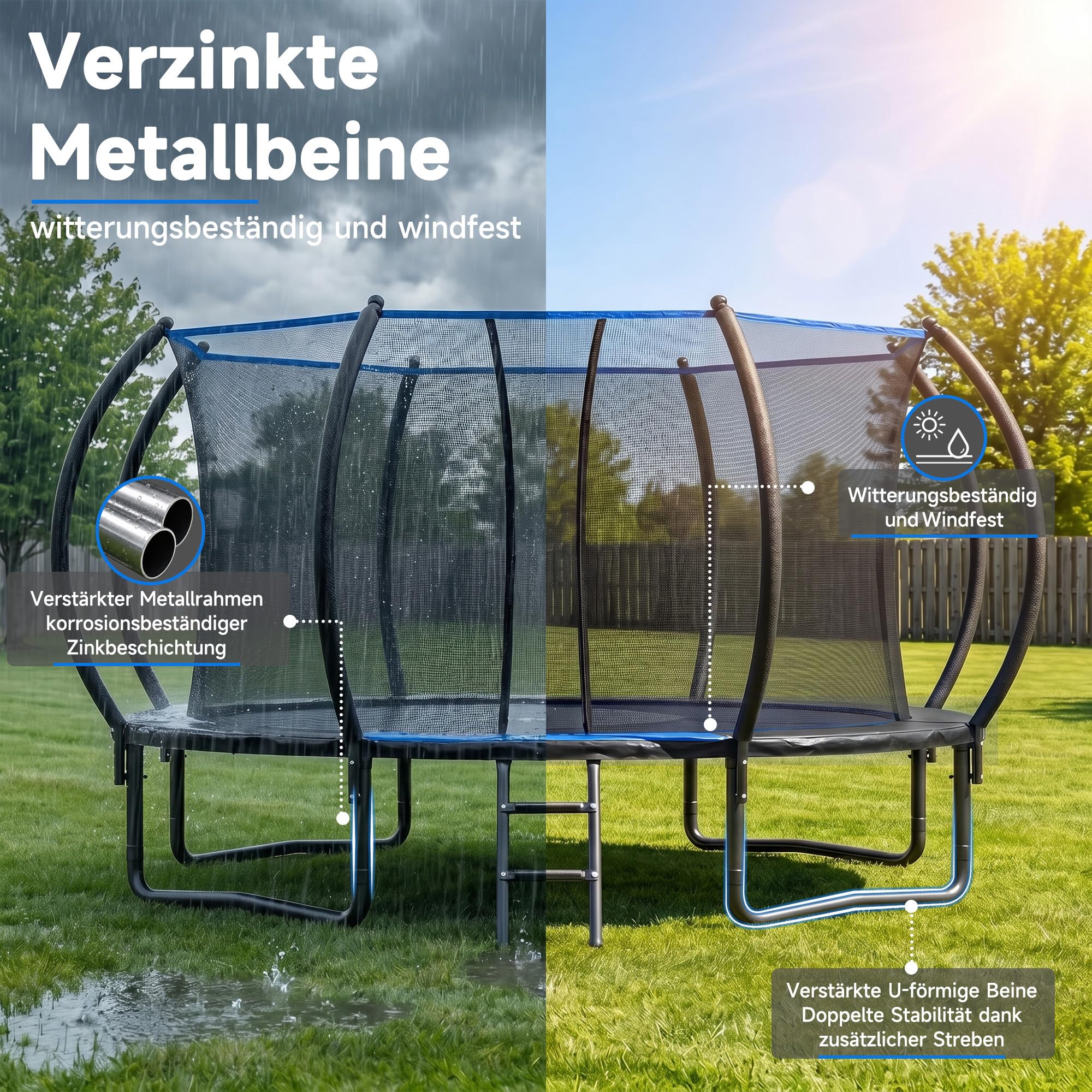 Netrum Trampolin Outdoor Ø228/305/366 cm, mit Sicherheitsnetz & Leiter, Schutzplane & Gepolsterten Netzstangen 150kg Belastbarkeit, Oval Outdoor Trampoline für Kinder & Erwachsene