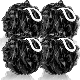 MTDLYICE XXL Loofah Sponge 4 Pack 100g - Extra Large Black Mesh Bath Shower Puff for Men Women, Exfoliating Body Scrubber with Hanging Rope