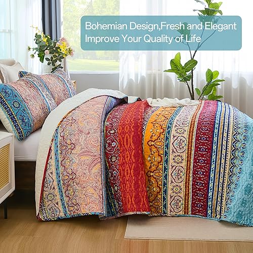 Miniatura 4 de WONGS BEDDING Juego de edredón bohemio California King, juego de edredón bohemio a rayas para todas las estaciones, juego de ropa de cama de