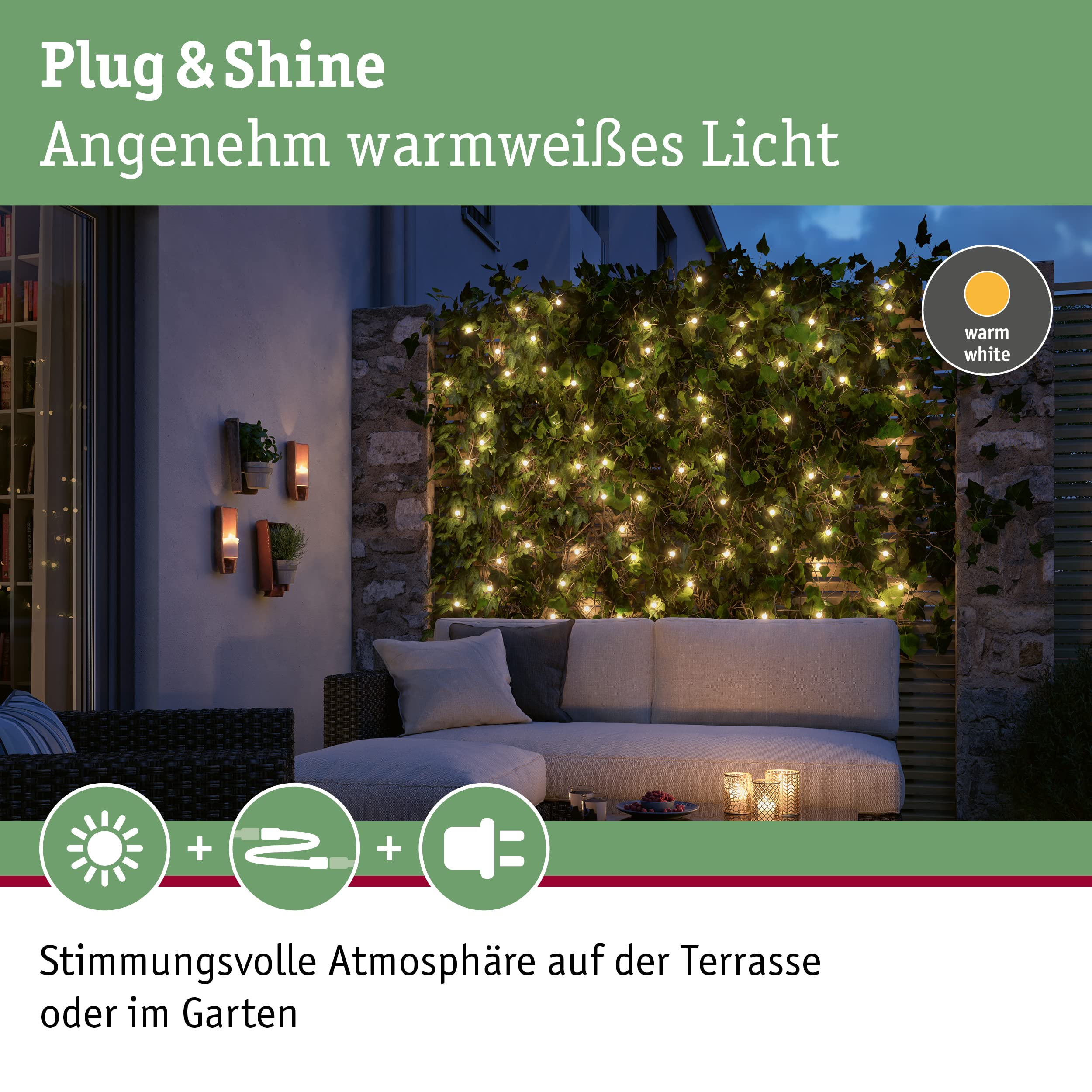 Paulmann 94557 Plug & Shine oprawa zewnętrzna LED łańcuch świetlny IP44 Ciepłobiały ściemniana Czarny tworzywo sztuczne 3000 K