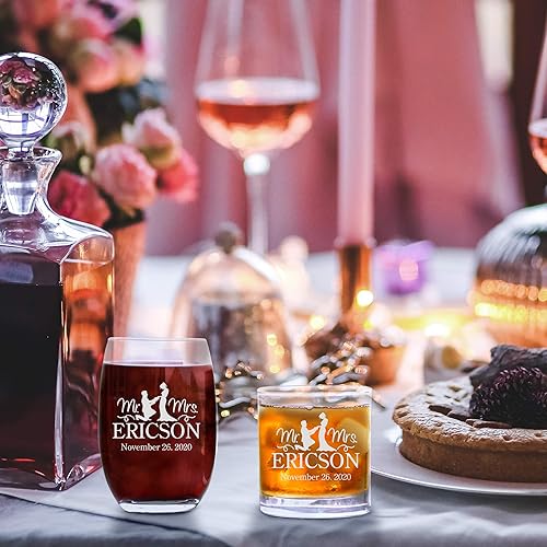 Miniatura 2 de Juego de 2 copas personalizadas para vino y escocés, regalos de boda, copas de vino y escocés personalizadas, cristalería grabada sin vapor