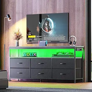Huuger LED TV Stand for Bedroom, 55 Inch Fabric Dresser with Power Outlets, Entertainment Center for 60, 55, 50 Inch TV, 6 Drawer Dresser for Bedroom, Chest of Drawers with Shlef, PU Leather, Grey