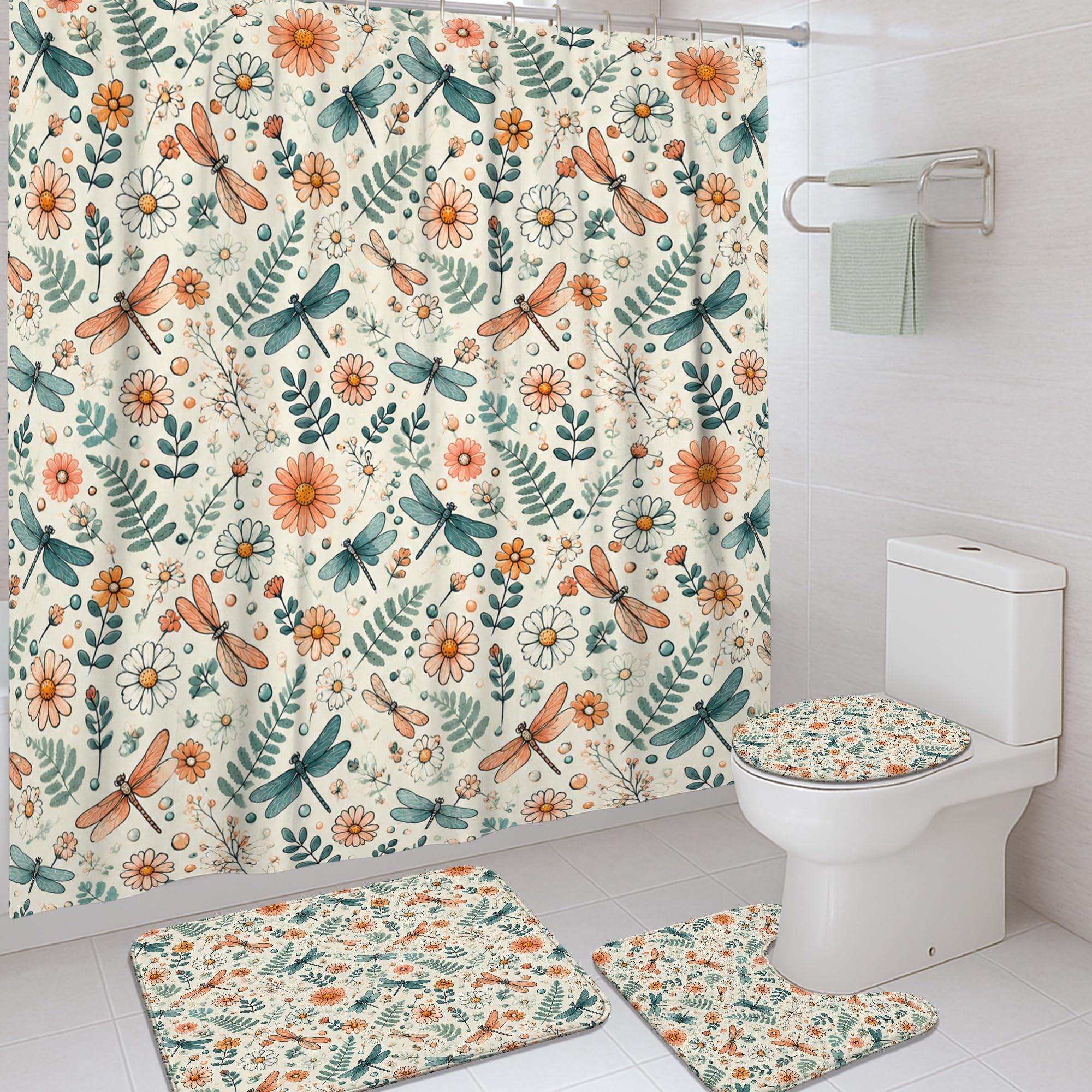 Rideau de douche fleur naturelle bleu sarcelle et tapis pour suite parentale fleurie