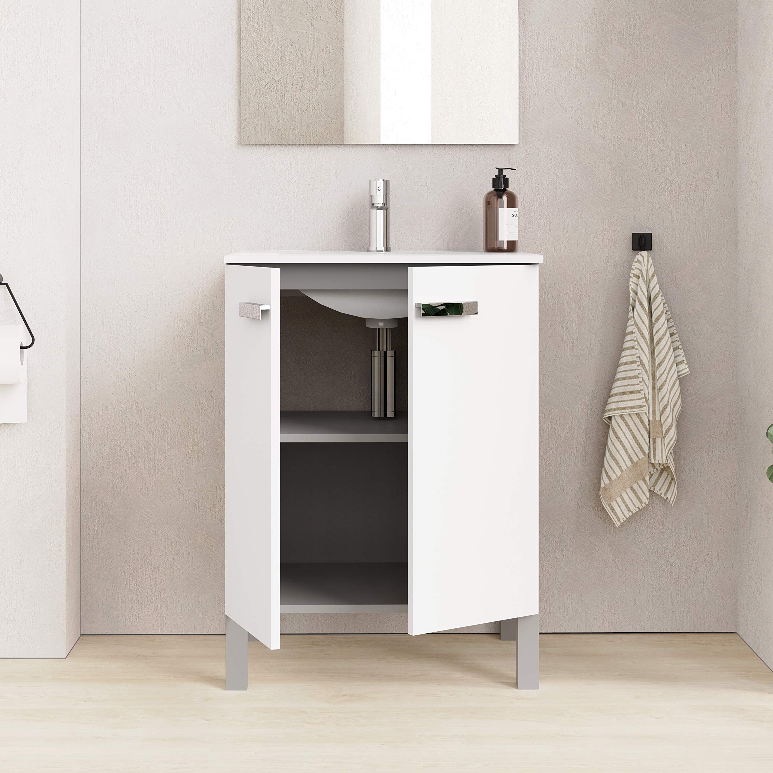 Baikal Neo, Melammina 16 mm Ceramica Specchio Mobili da Bagno con lavabo, Bianco, 60 cm