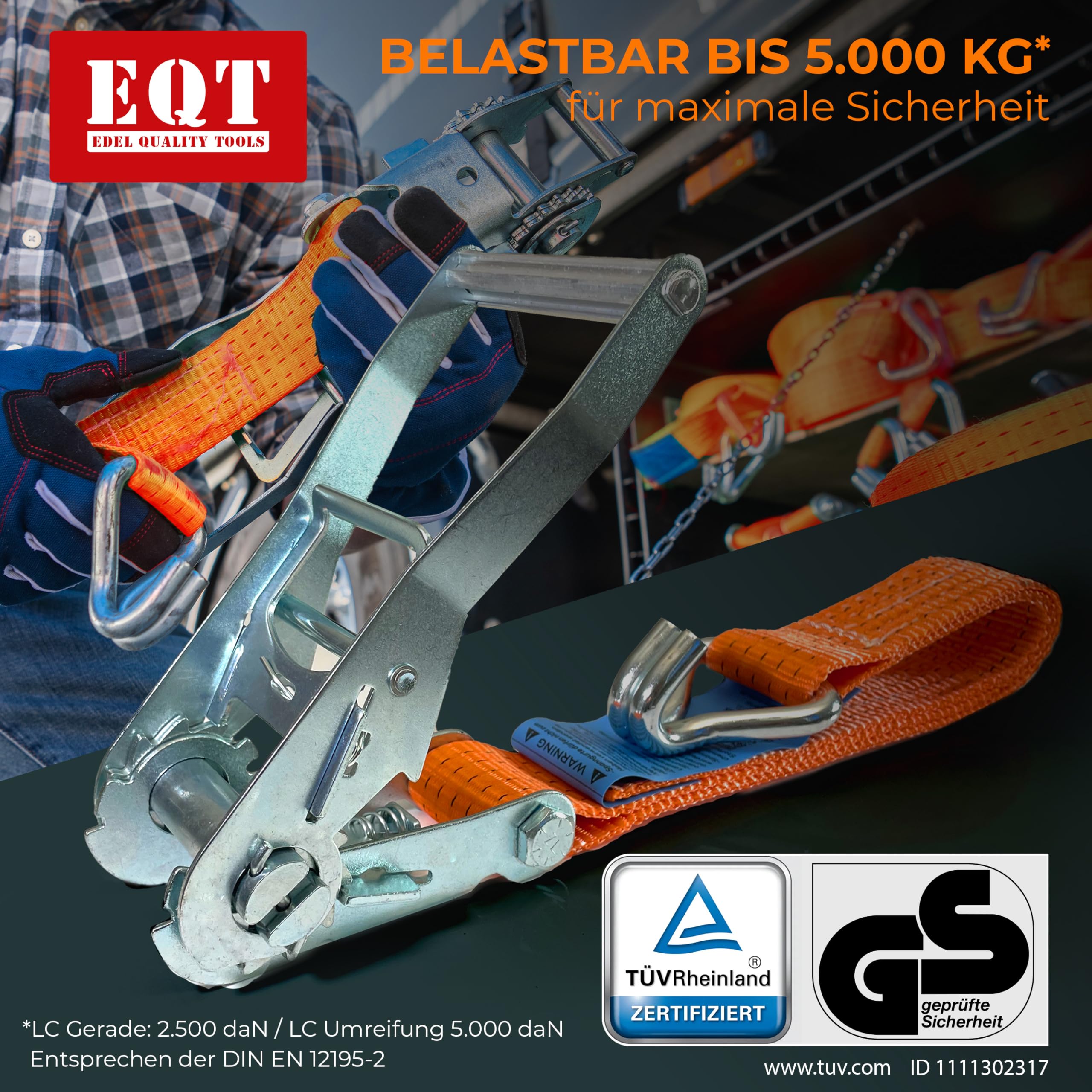 EQT 4 Stück 5000kg 6m Spanngurte mit Ratsche und Haken zweiteilig DIN EN 12195-2 TÜV GS