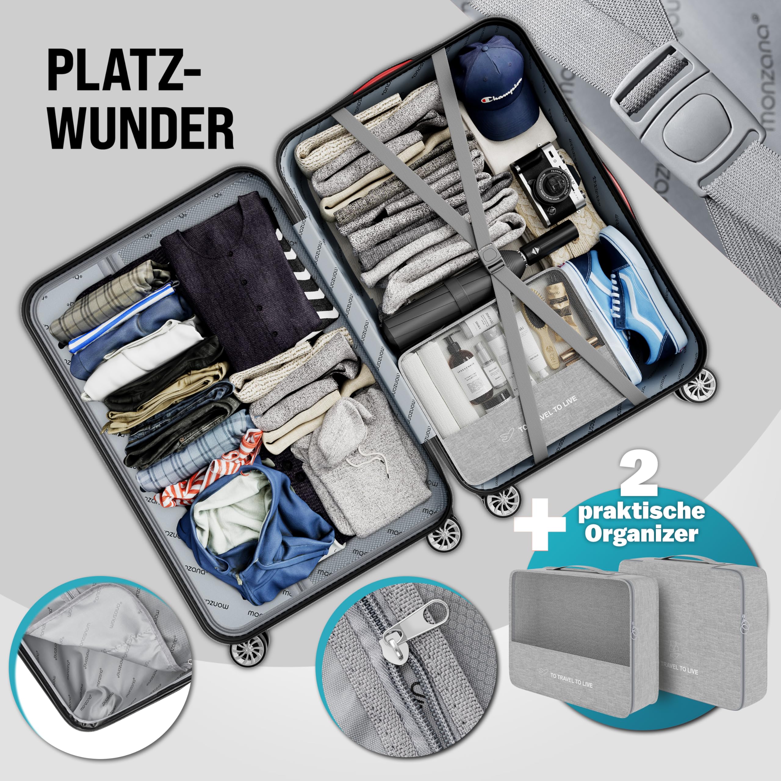 Monzana® 3tlg Kofferset TSA Schloss Organizer Kofferwaage Gel-Griffe Zwillingsrollen Standfüße Trolley Reisekoffer Hartschale Koffer M-L-XL Champagner