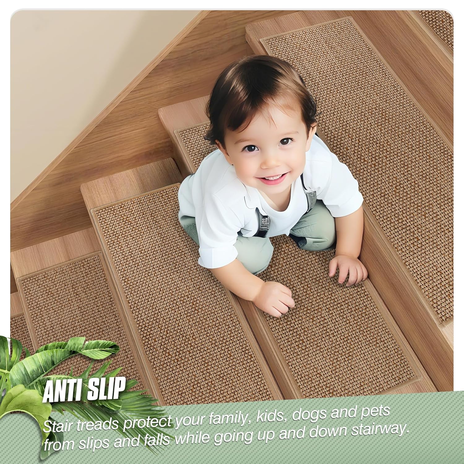 Linen Stair Treads for Wooden Steps, 15 Pack 8" X 30" Carpet Stair Runners Non Slip Indoor, Peel and Stick Stair Treads for Kids Elders and Pets, Beige