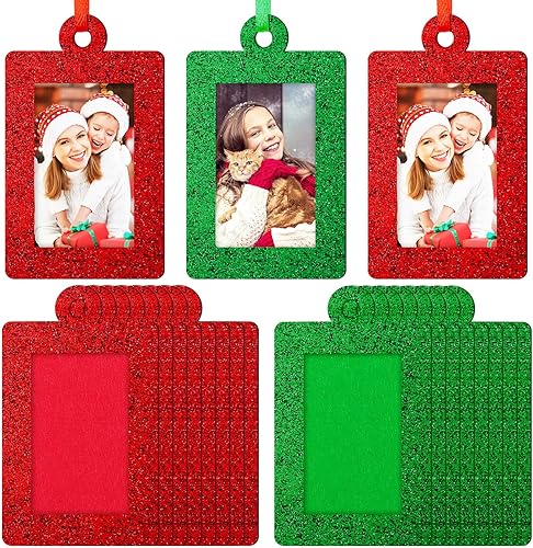 Jetec 36 marcos de fotos con brillantina para decoración de árbol de Navidad, mini marco de fotos de fieltro, marco pequeño para colgar, regalos de