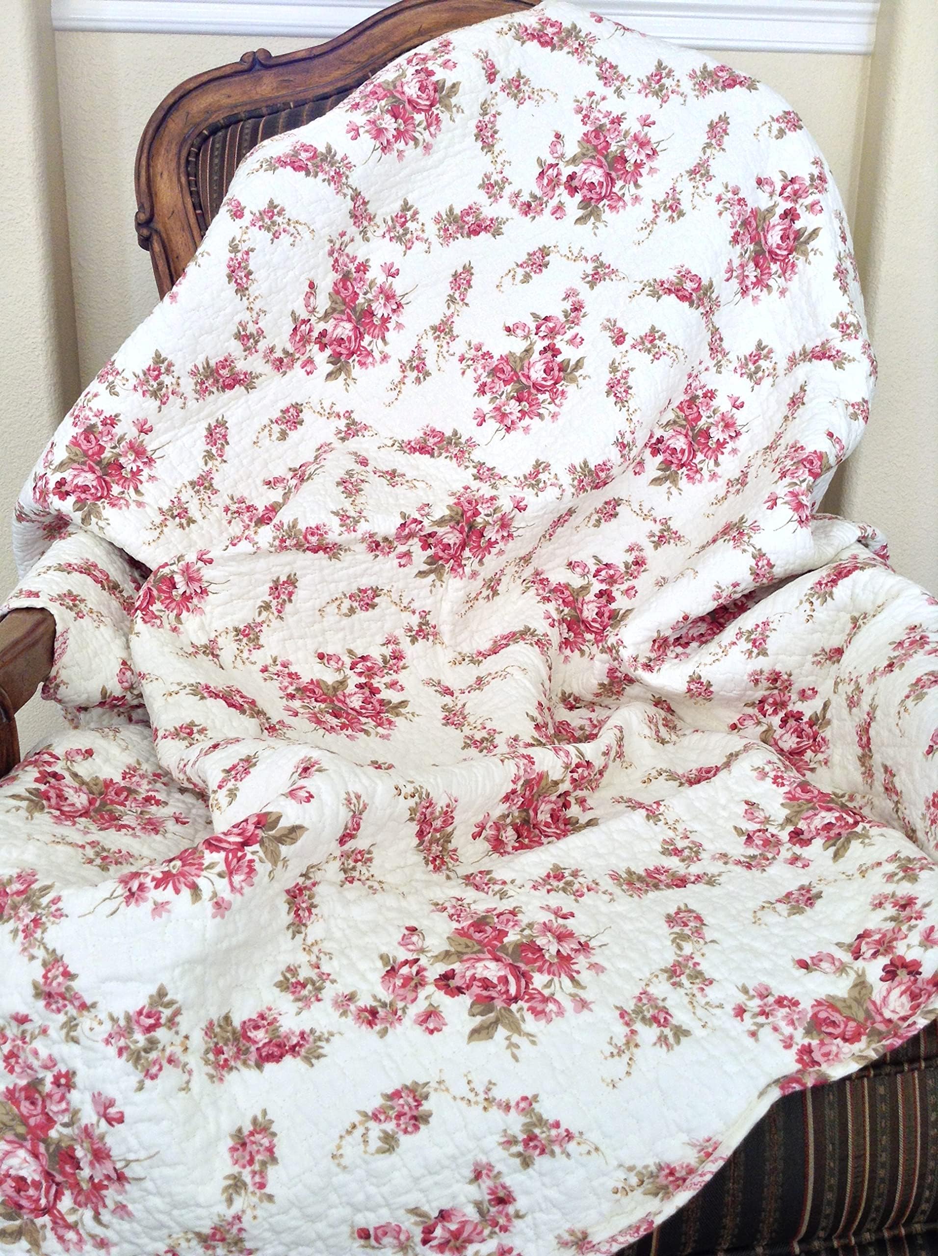 Fuchsia Pink Rose Cream Floral Print Reversible 100% Cotton Quilted Throw Blanket 60" x 50" Machine Washable and Dryable (Roses)