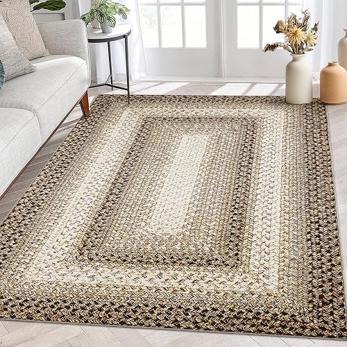 ROYHOME Living Room Area Rug 5x7 Modern Braided Print Area Rug Geometric Border 