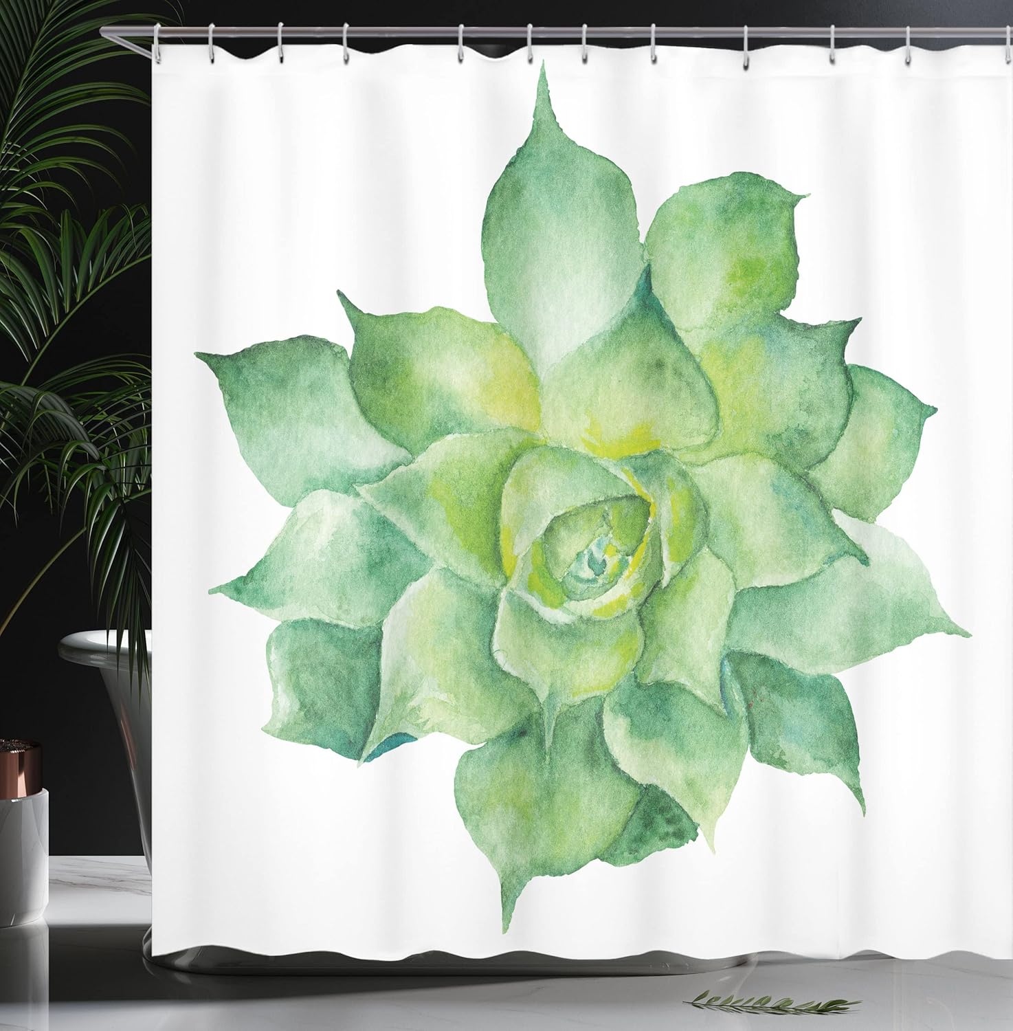 Ambesonne Succulent Shower Curtain, Green Tropical Plant Hand Painted Agave Botanical Gardening Theme Image, Cloth Fabric Bathroom Decor Set with Hooks, 69" W x 70" L, Almond Green Yellow