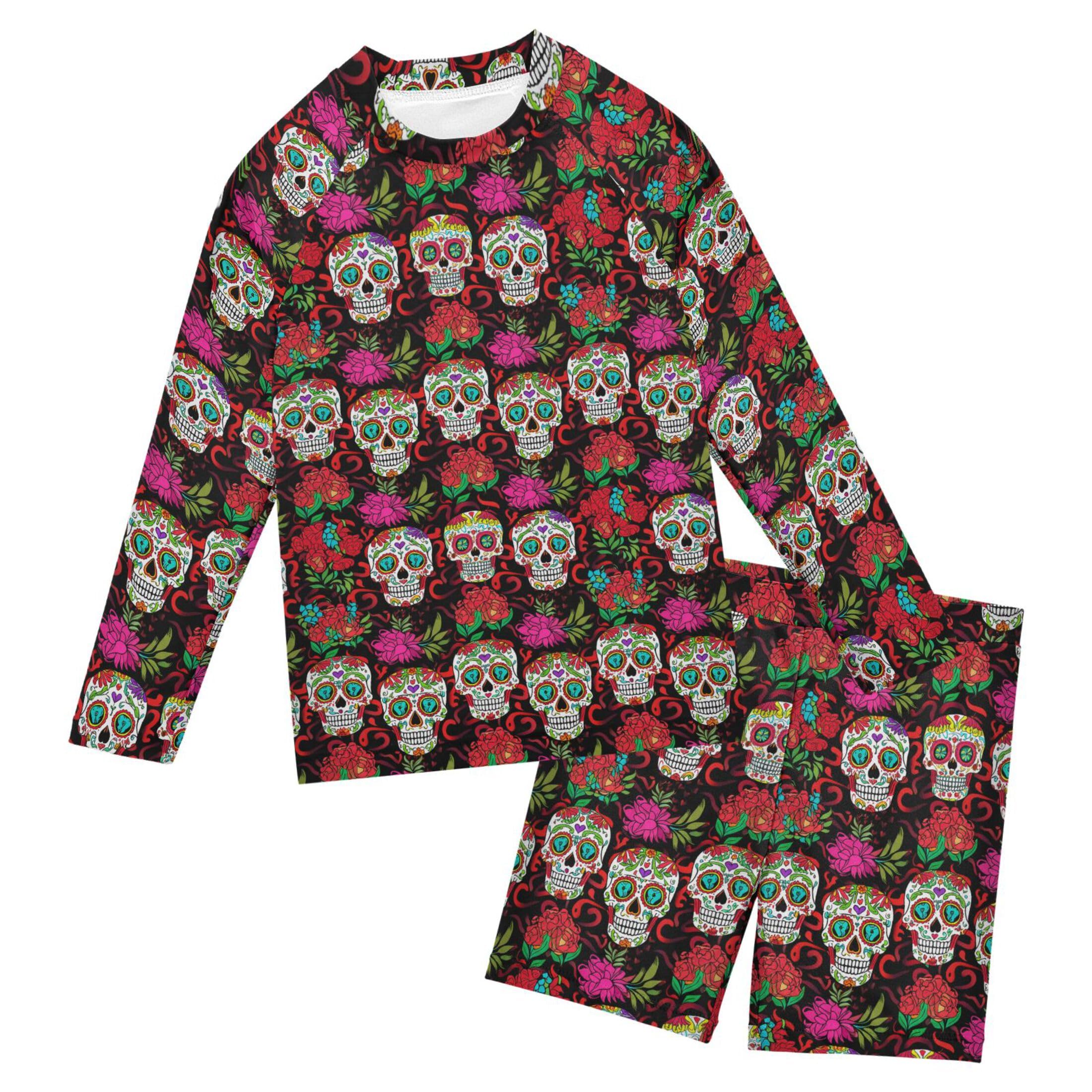 Skull Flower Toddlers and Baby Boys' Swimsuit Trunk and Rashguard Set B0404442