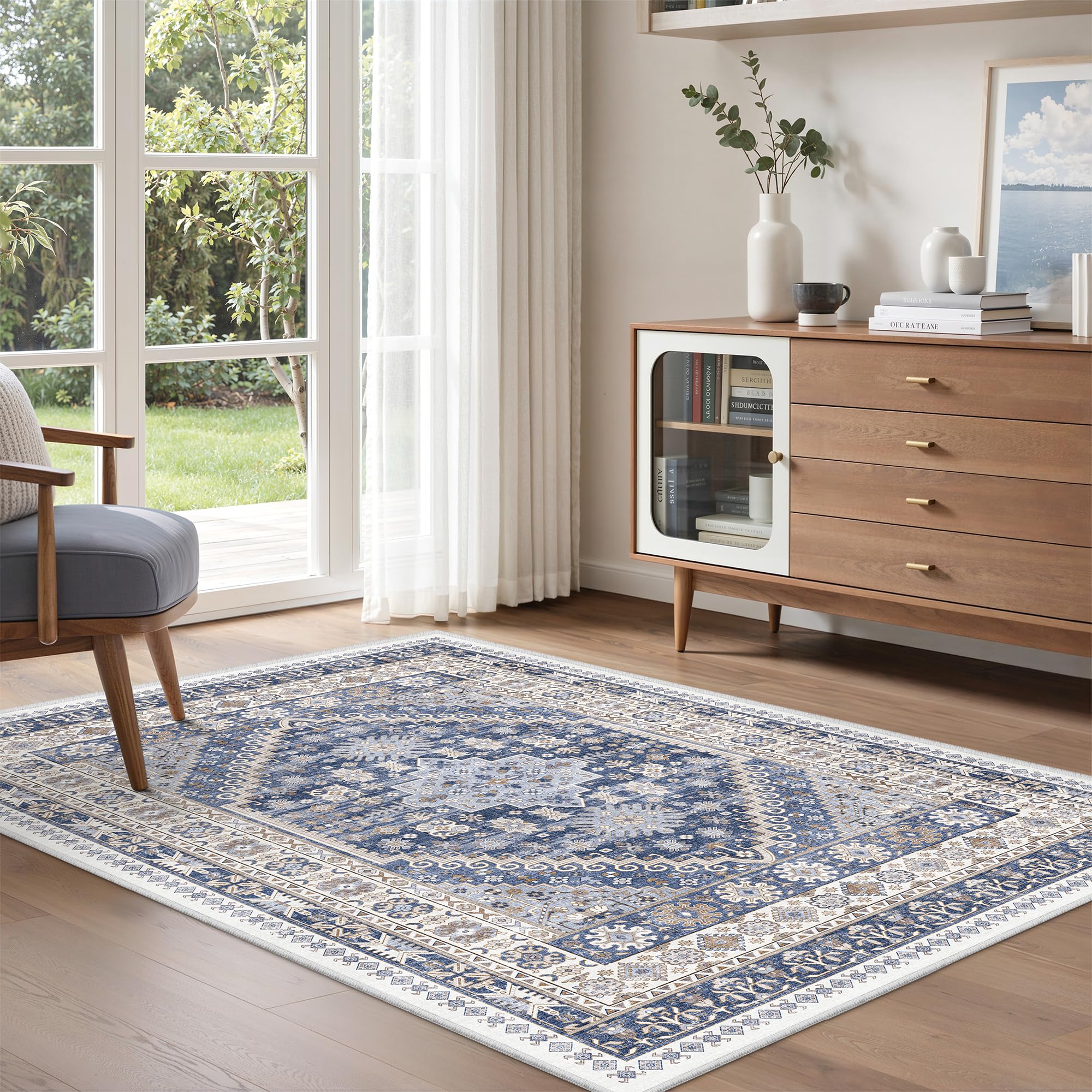 zesthome 4x6 Rug - Stain Resistant Washable Rug, Anti Slip Backing Rugs for Living Room, Foldable Vintage Small Area Rugs (Blue/Beige,4'x6')