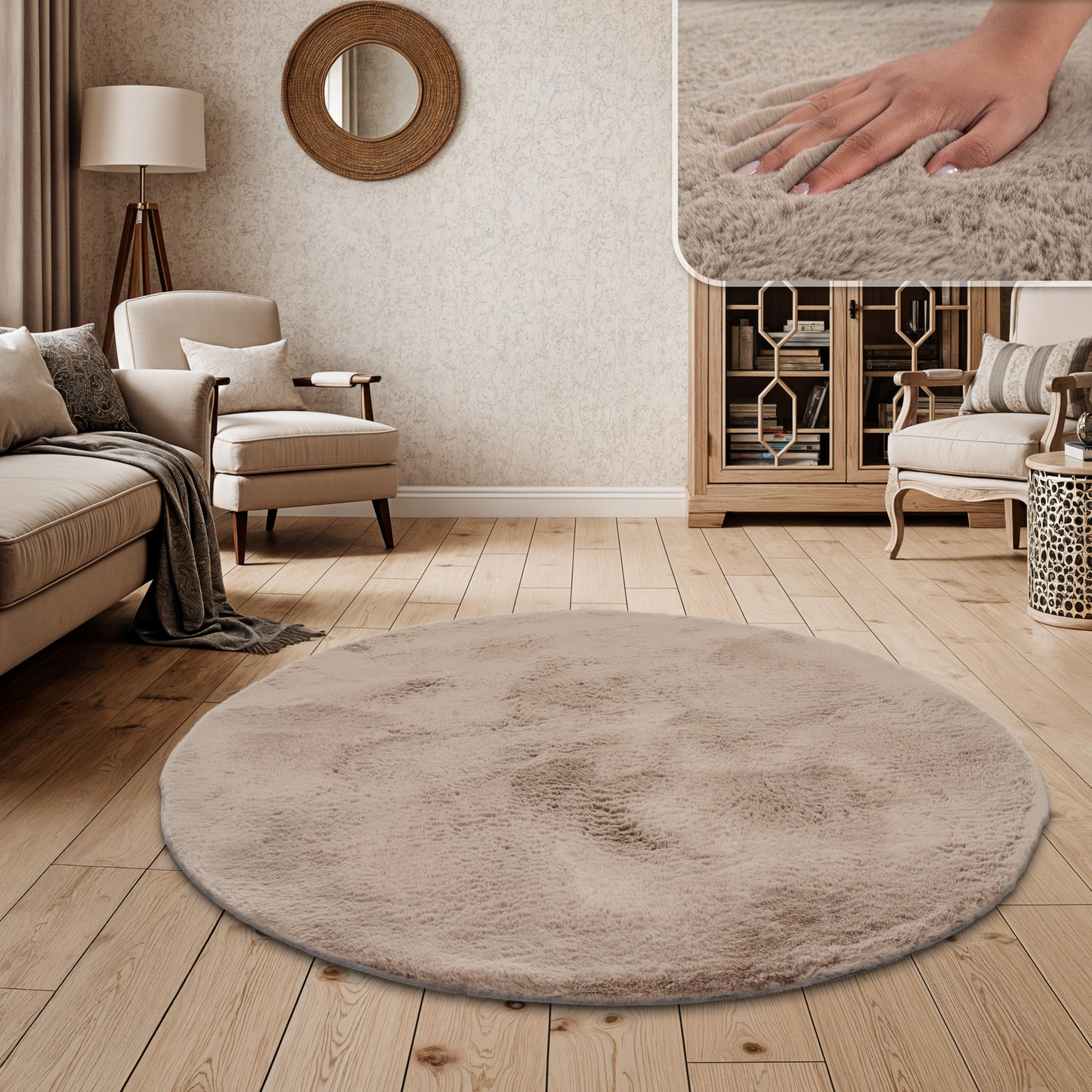 Paco Home Hochflor Teppich Wohnzimmer Schlafzimmer Shaggy Modern Flauschiger Fellteppich Weich Fell Imitat Kunstfell Einfarbig, Grösse:200 cm Rund, Farbe:Beige