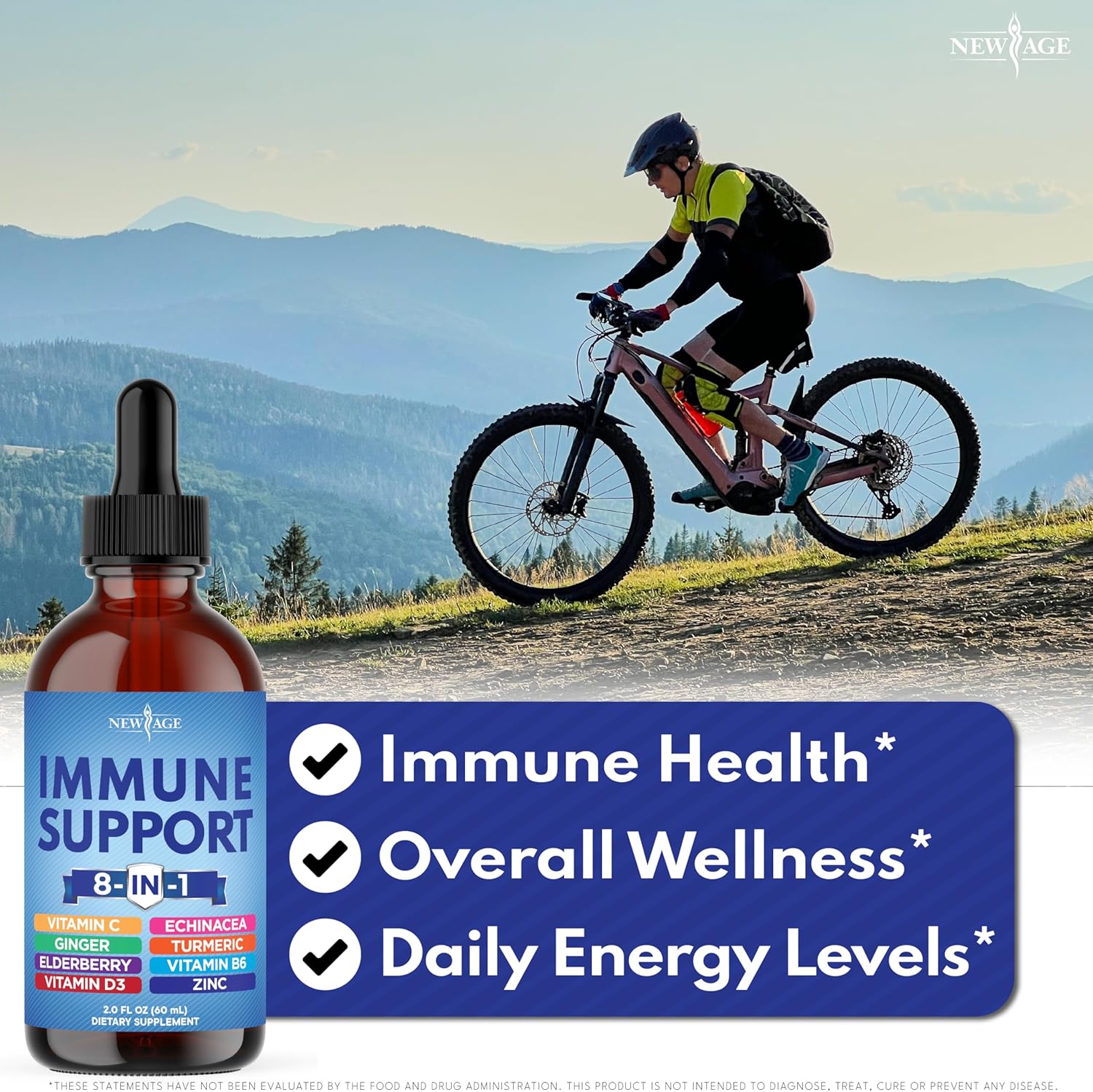 NEW AGE 8-in-1 Immune Support Liquid Drops – Elderberry, Turmeric Curcumin, Echinacea, Ginger, Vitamins C & D3, Zinc & B6 – Fast-Absorbing Immune & Antioxidant Support – Vegan, Non-GMO – 4 oz - Image 3