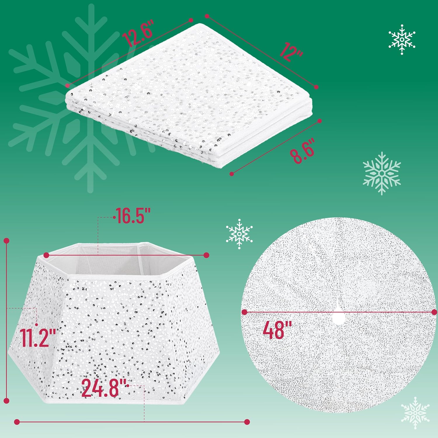 Mr. Pen- Silver Sequin Christmas Tree Skirt and Tree Collar, 48 Inch Base Cover, 24.8 Inch Foldable Sparkling Sequin Trees Skirt Collar, Silver Sequin Tree Skirt, Christmas Skirt Tree Sequin Silver 48"