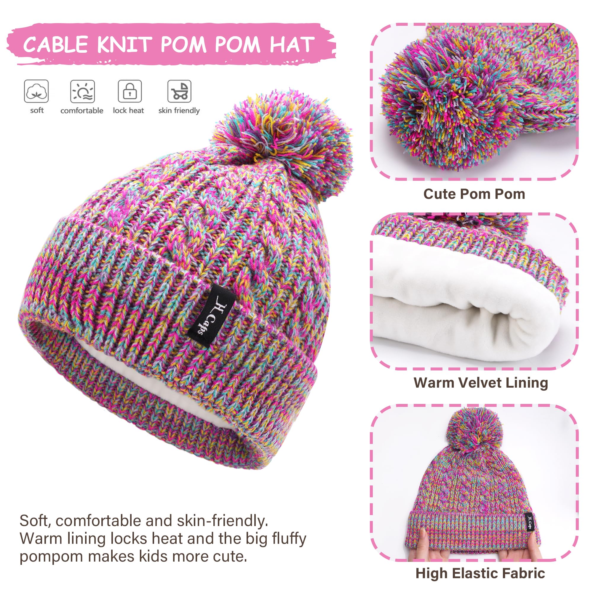 Enfant Fille Garçons Hiver Chapeau Bonnet Echarpe Écran Tactile Gants Set 3-6-12 Ans Tricot Pom Bonnets Casquette Cache Cou Gant Cadeaux pour Filles Garçons