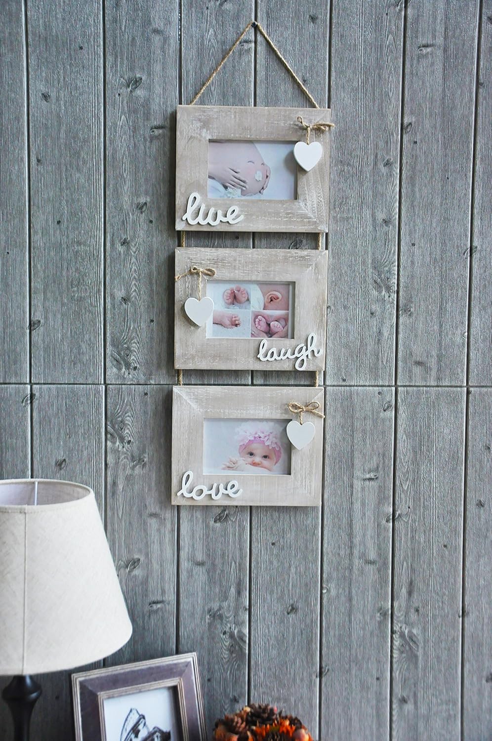 Yaetm Live Laugh Love Collage Hanging Picture Frame 4x6", Solid Wood 3 Photo Frames Set, Wall Mount Verticval Display, Rustic Grey -