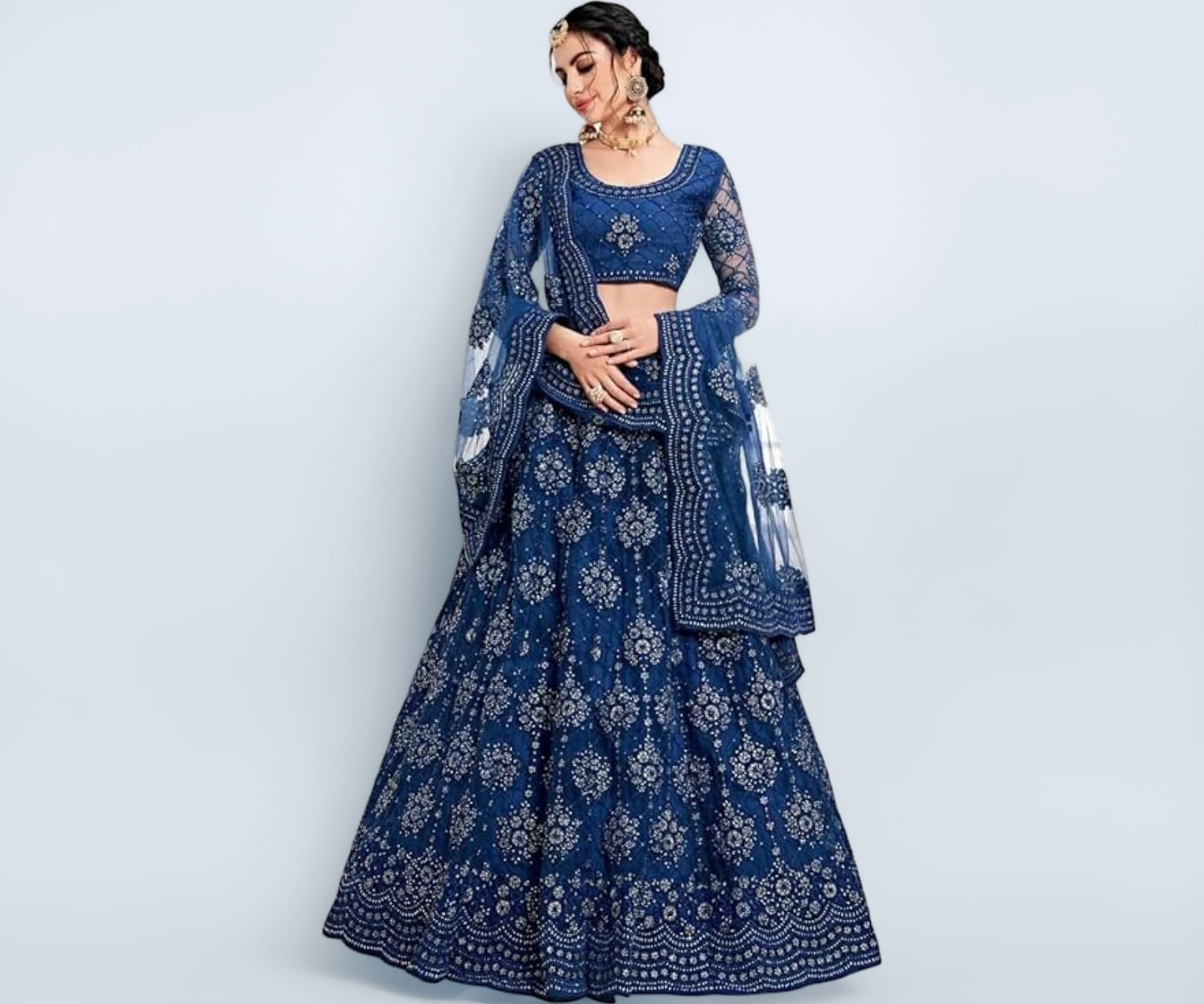 Women Satin Blend Embroidered Semi Stitched Lehenga Choli (BZ_SBI MORPICH_Morpeach_Free)