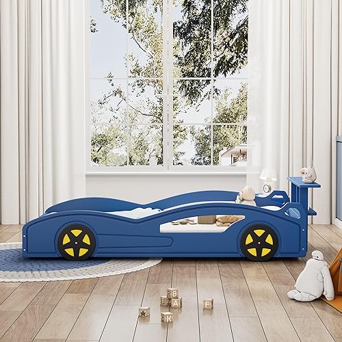 Miniatura 21 de Cama de plataforma en forma de auto de carreras con ruedas, cama de plataforma de madera tamaño individual con barandilla, cama de plataforma para