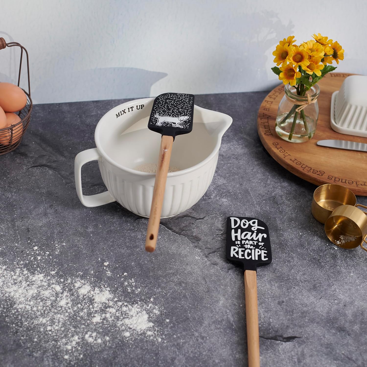 Primitives by Kathy double-sided silicone novelty cooking spatula/hand illustrated black/white design/dog shaking off fur on back/fun dog inspired sentiment on front "Dog Hair Is Part Of The Recipe." image 5