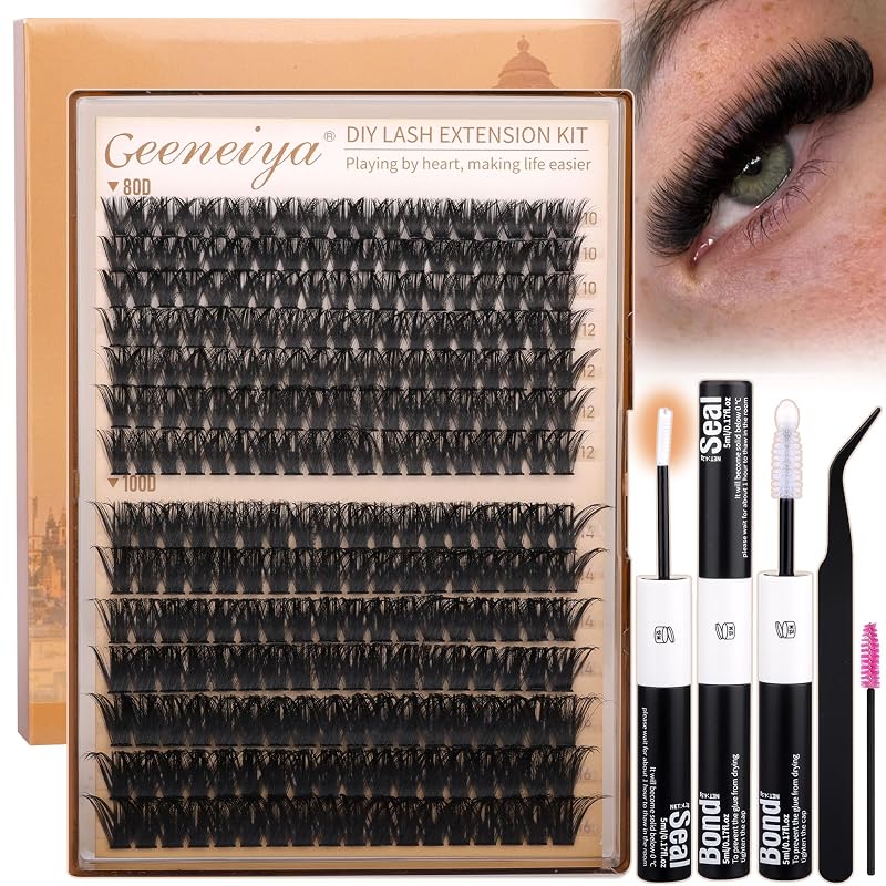 Kit de cílios em tufos Geeneiya 80D+100D com curvatura D, cola branca, selante, pinça e escova, 10–16 mm