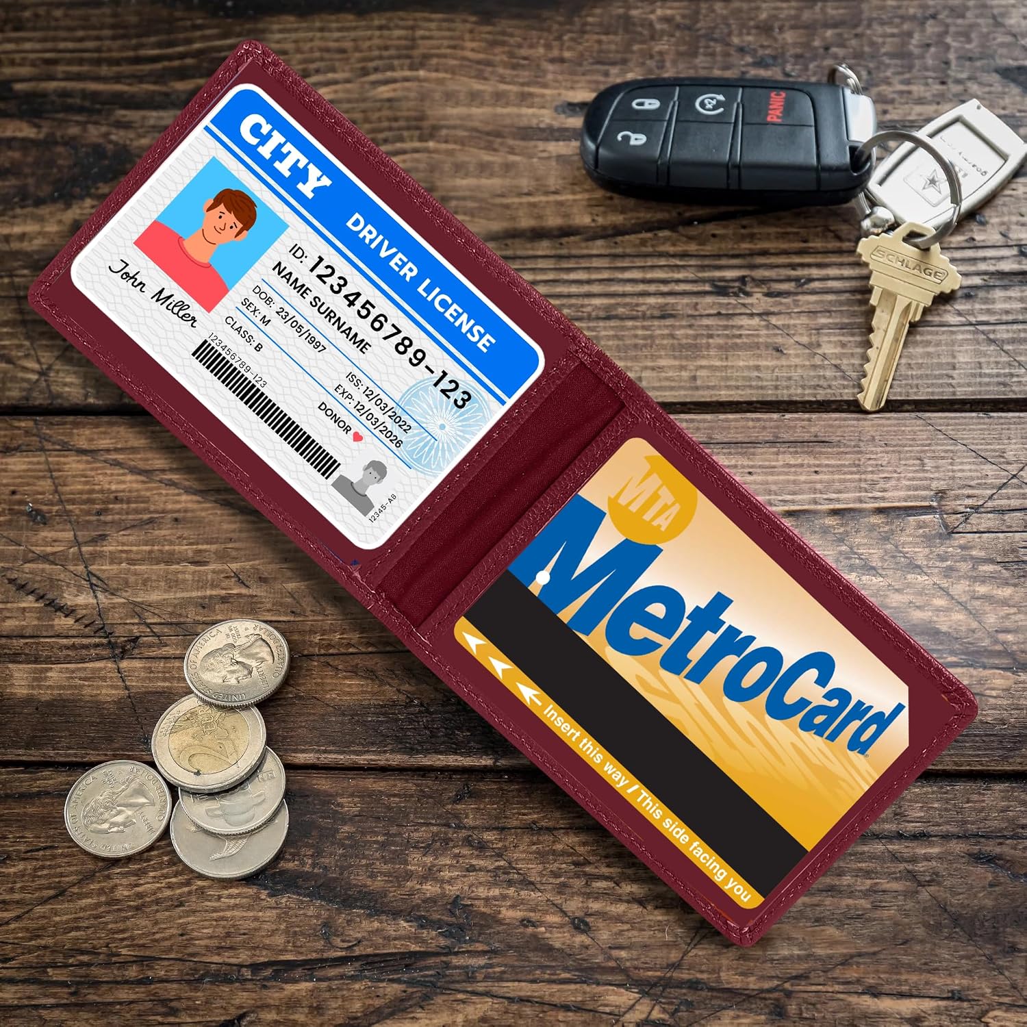 ALLEN & MATE 100% LEATHER Travel Pass Card Holder/Driving License, Metro, Ventra, Smart Card, Minimalist Wallet Credit Card Holder (Maroon Premium)