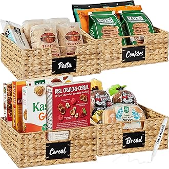 Best Choice Products Set of 4 13x12in Water Hyacinth Pantry Baskets, Woven Kitchen Organizers w/Chalkboard Label, Chalk Marker - Natural