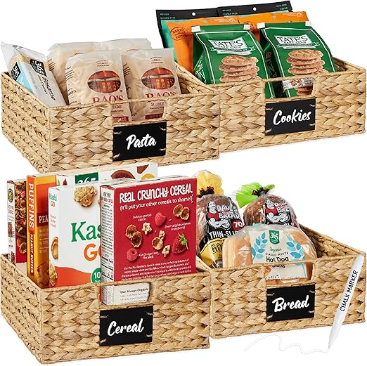 Best Choice Products Set of 4 13x12in Water Hyacinth Pantry Baskets, Woven Organizers w/Chalkboard Label, Chalk Marker - Natural