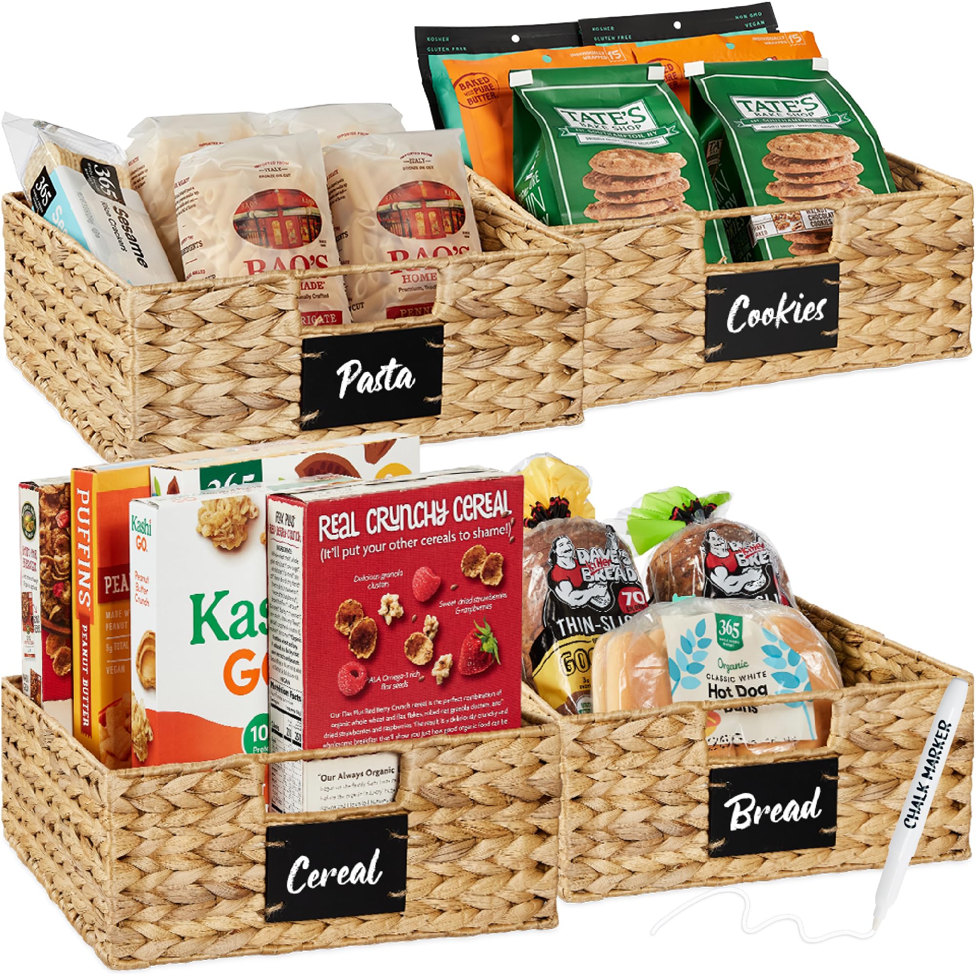Best Choice ProductsSet of 4 13x12in Water Hyacinth Pantry Baskets, Woven Kitchen Organizers w/Chalkboard Label, Chalk Marker - Natural