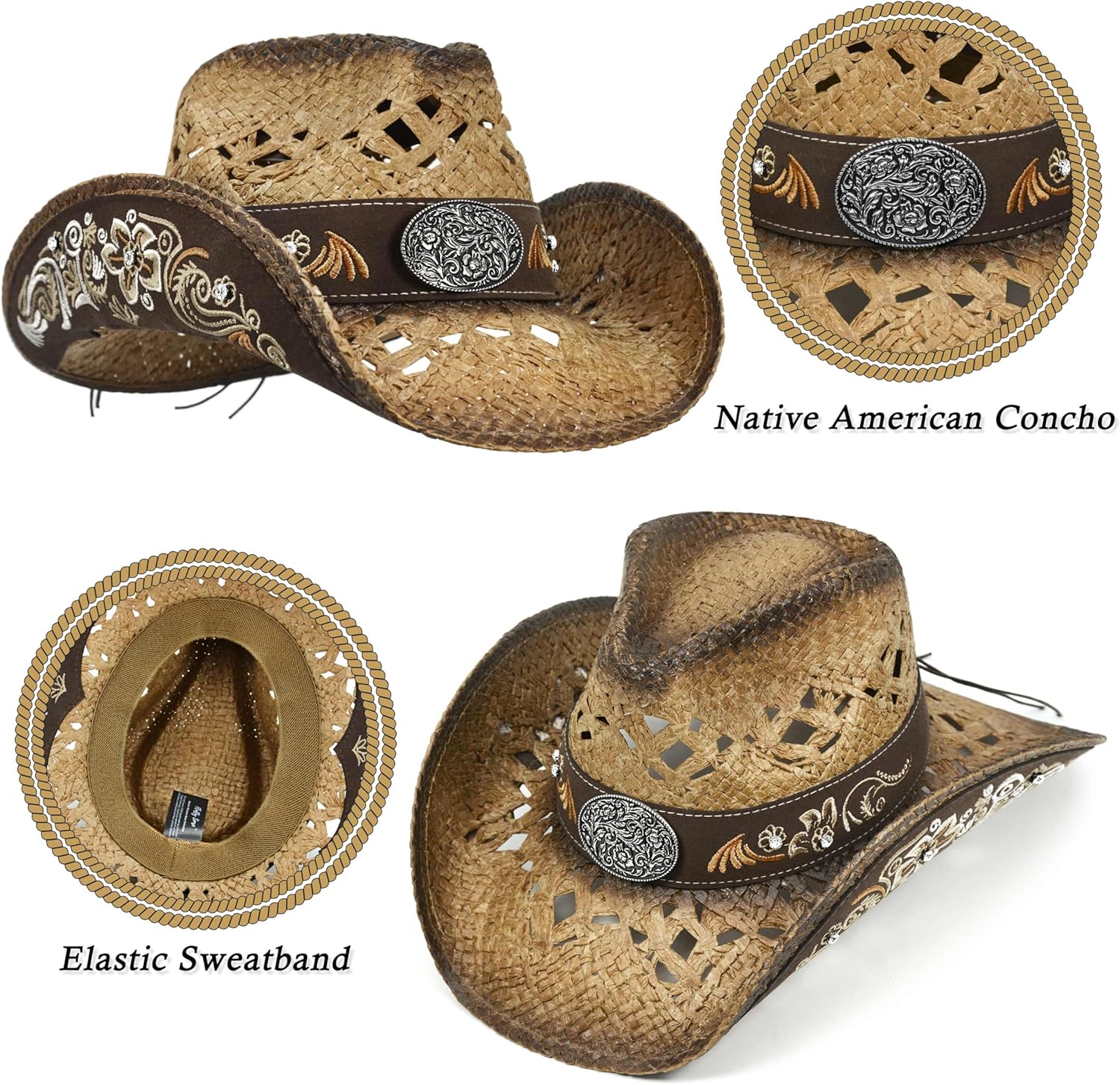 FLUFFY SENSE. Cowboy Hats for Women and Men Straw Western Hat Embroidered Cowboy Hat for Cowboys and Cowgirls - Image 3