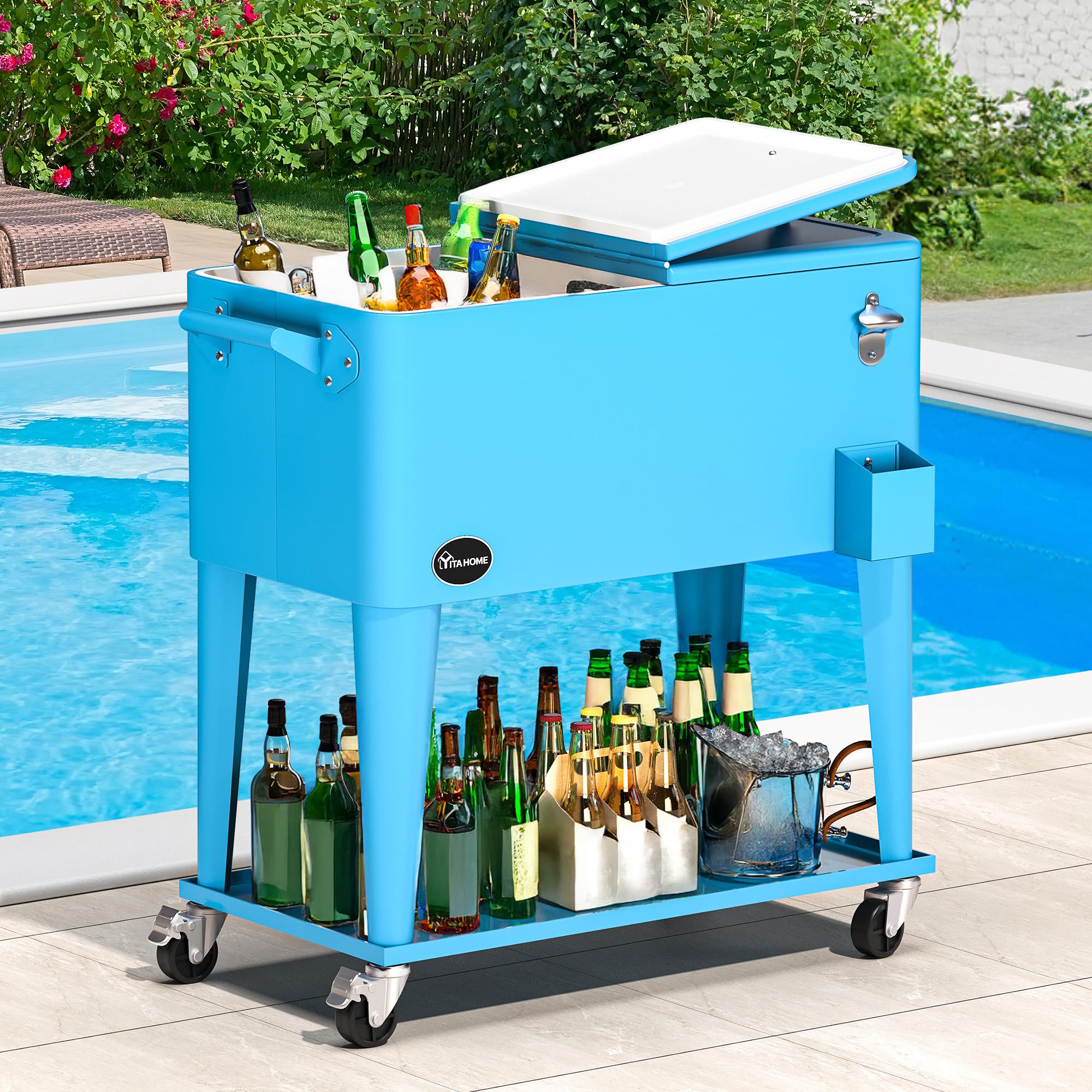 YITAHOME 80 Quart Patio Cooler Cart with Bottle Opener Drainage, Portable Rolling Beverage Cart for Pool Deck Party Cookouts