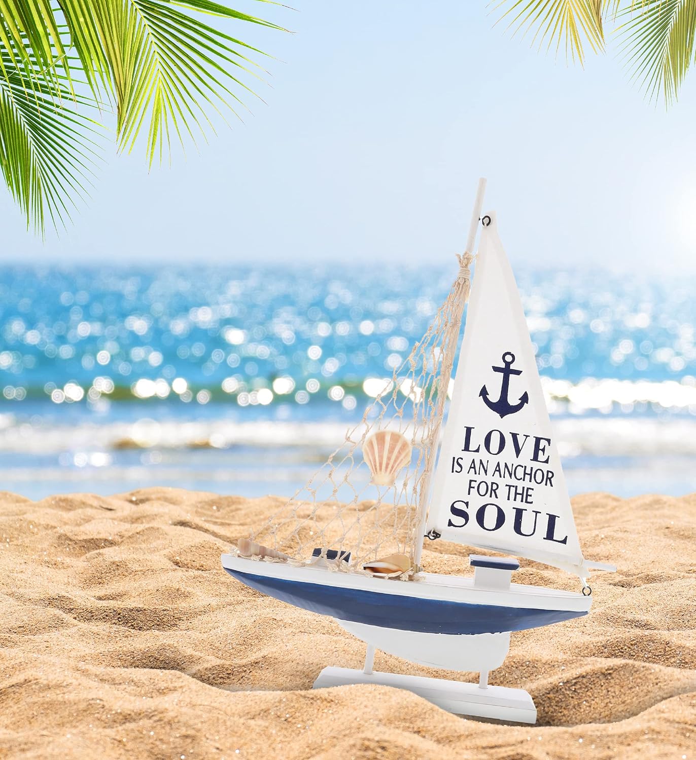 CoTa Global Ocean Blue Sailboat Decor – Handmade Wooden Boat Decor, Cute Beach Style Model Sail Boat Decorations, Nautical Themed Table Top Decor Living Room Centerpiece - 14 Inch