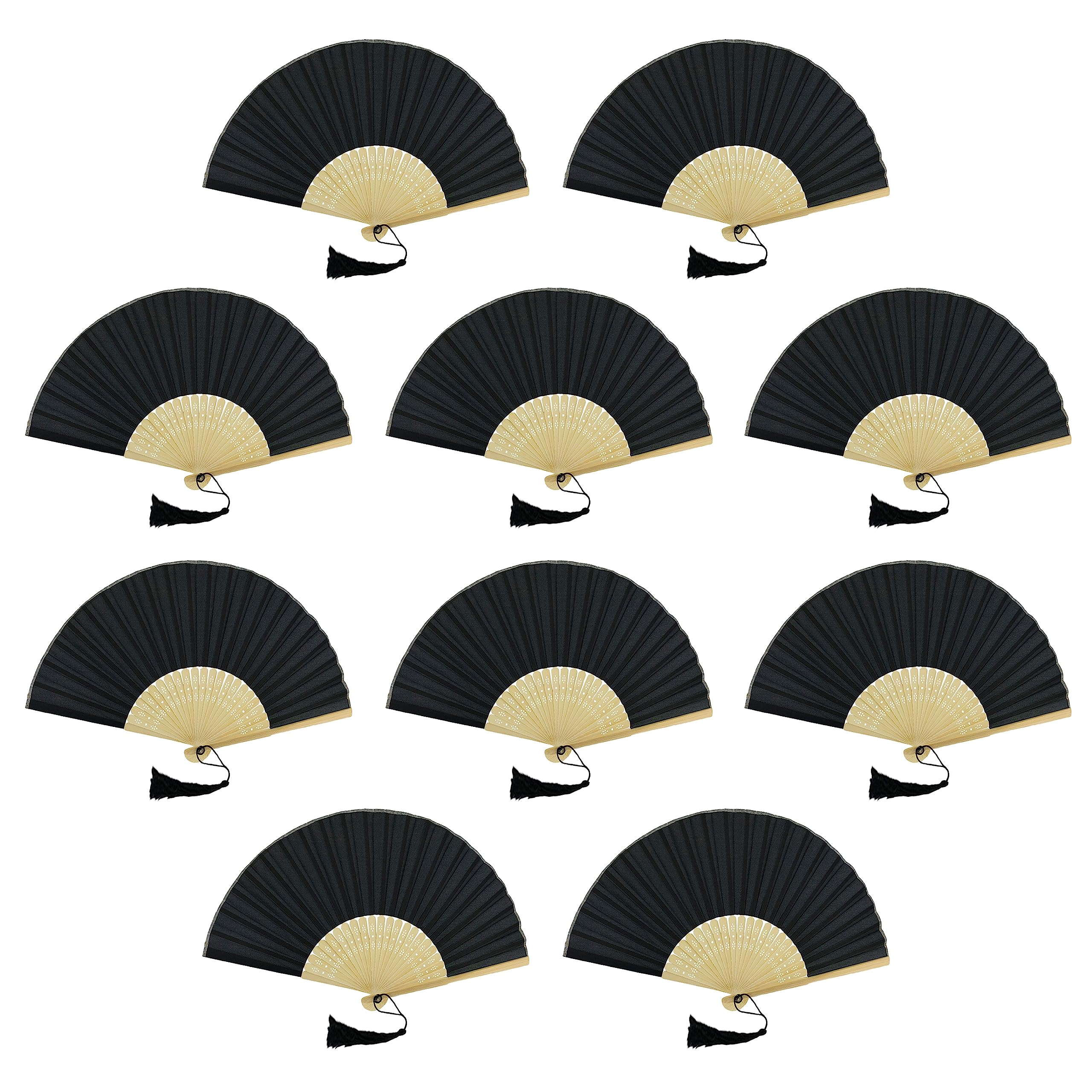 FANSOF.FANS Pack of 10 Chinese Folding Hand Fans – Silk Fabric Handheld Fan with Bamboo Ribs & Tassel, Wedding Fans for Guests, Bridal Shower & Hen Party Favours, Paper Fan Style Wedding Props