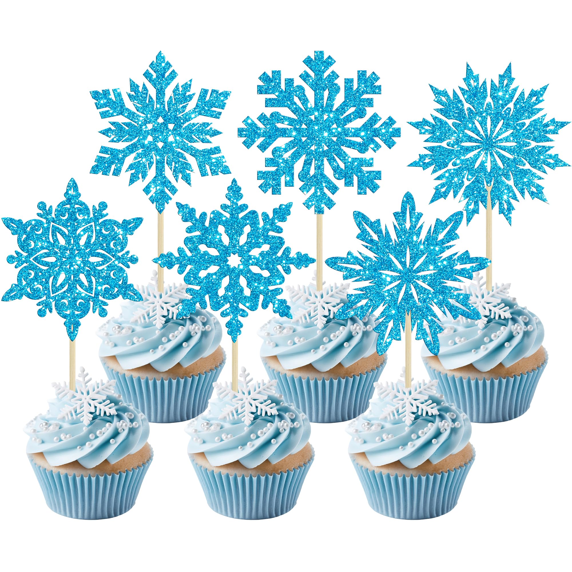 Ephlyn 30Pcs Snowflake Cupcake Toppers Glitter Winter Snowflake Cupcake Picks Winter Frozen Cake Decorations Christmas Baby Shower Kids Birthday Party Supplies Blue