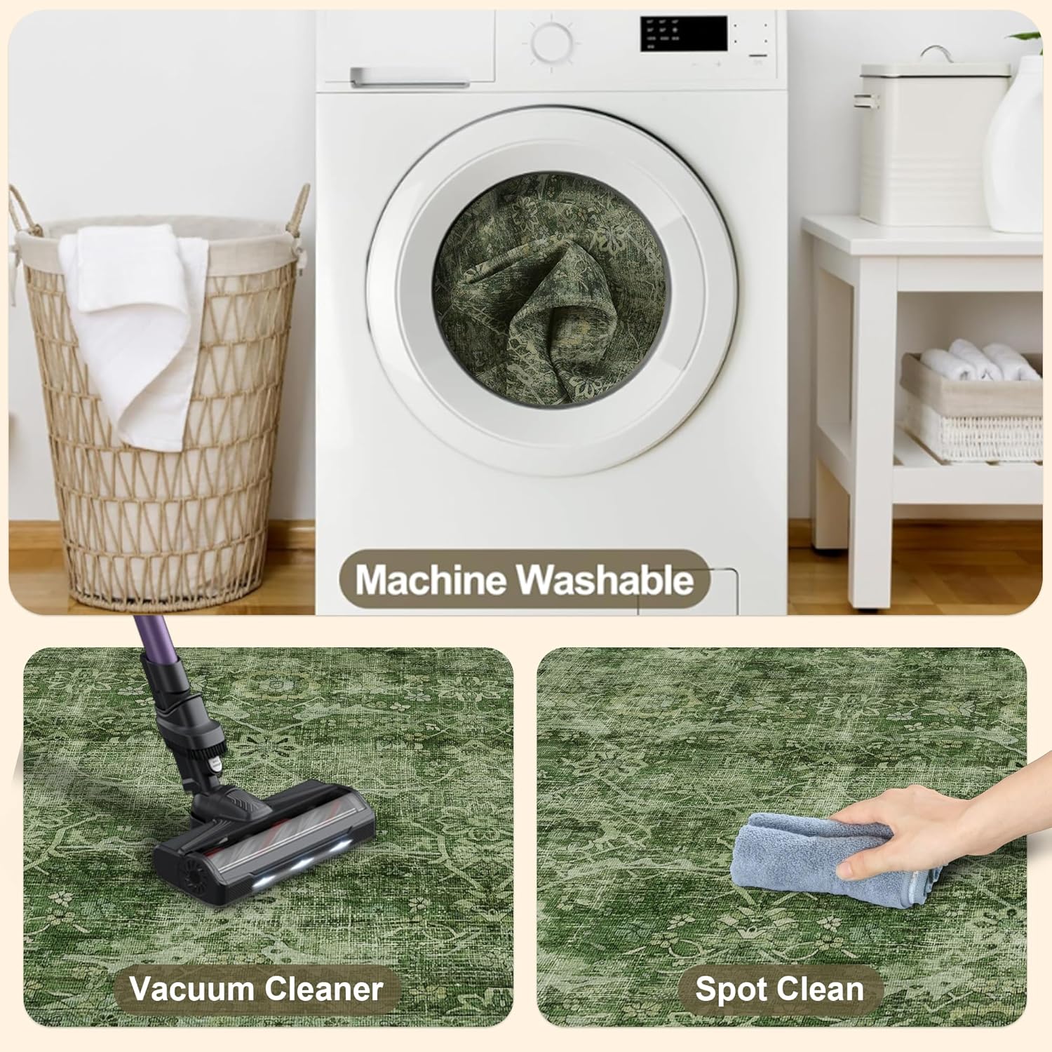 8x10 Washable Area Rug Vintage Green Rug for Living Room Bedroom Low Pile Soft Non-Slip Boho Rug for Under Table Boho Distressed Retro Carpet for Bedroom Kitchen Office Dining - Image 7