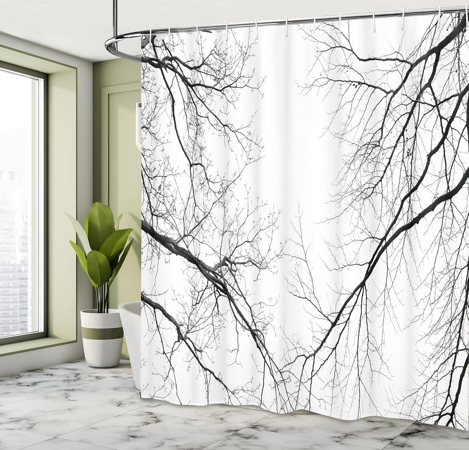 Ambesonne Forest Shower Curtain, Trees Branches Leafless Spooky Scary Image in a Gloomy Air Sky Scene Image, Cloth Fabric Bathroom Decor Set with Hooks, 69" W x 70" L, Cream and Black